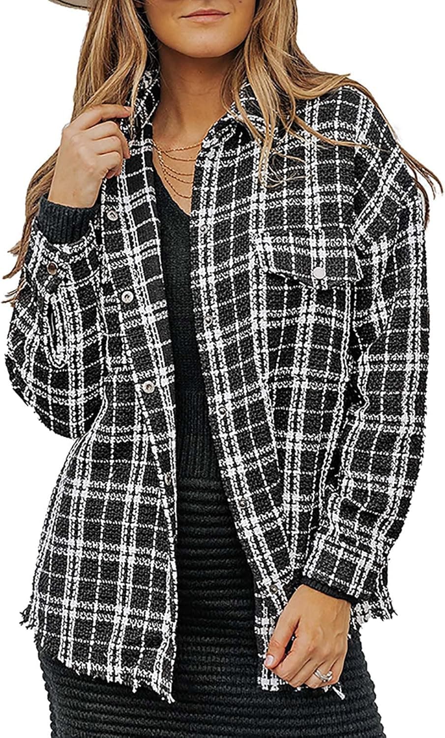 Sidefeel Womens Collared Dropped Shoulder Button Down Pocket Front Plaid Shacket Jacket