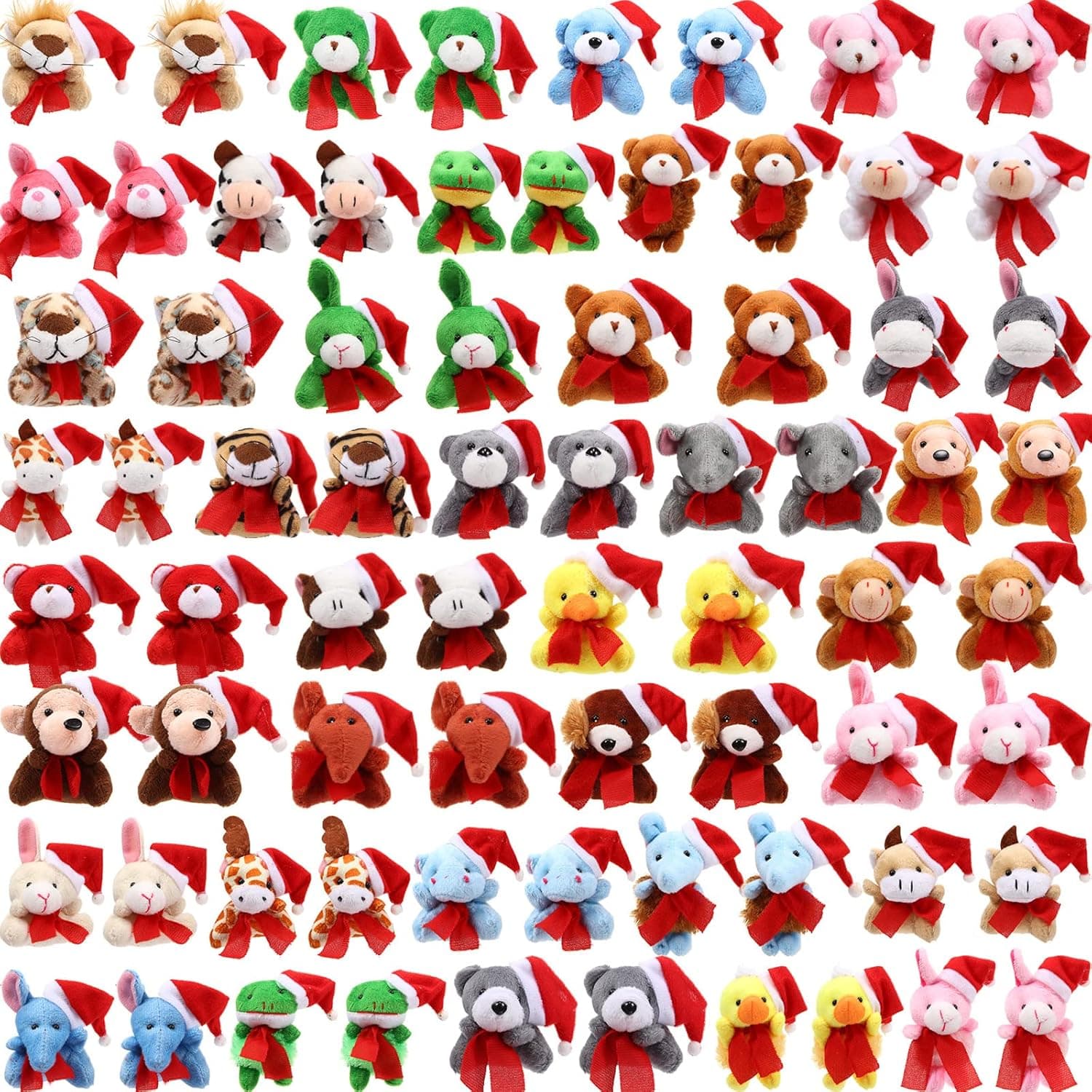 HyDren 72 Pieces Christmas Stuffed Animals Bulk Mini Plush Christmas Tree Hanging Decorations Xmas Small Plush Toys for Kids Tiny Plush Key Chain Animal Toy Set Girls Boys Children's Party Gifts Supplies