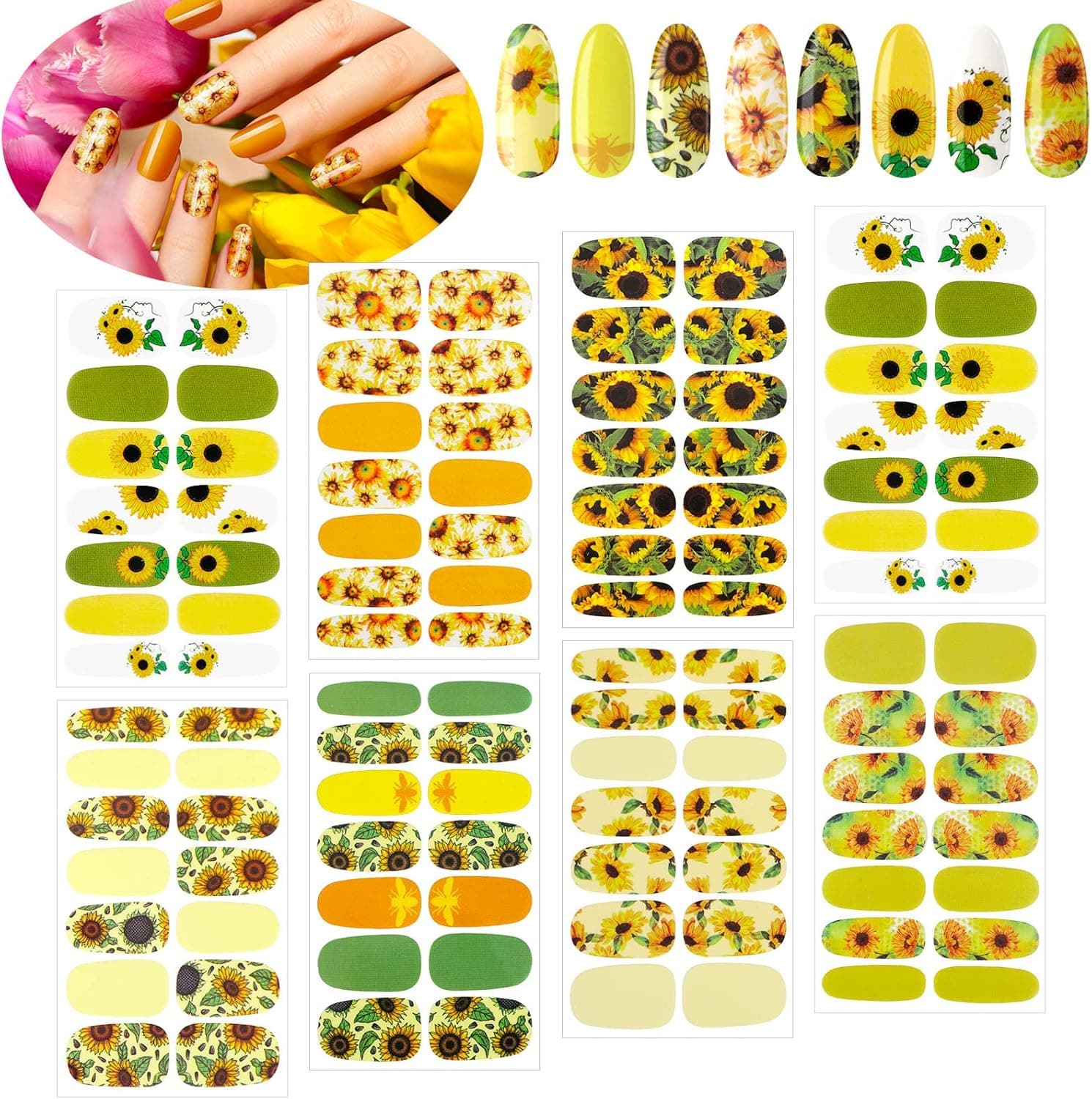 8 Sheets Sunflower Nail Wraps Full Cover Sunflower Nail Art Sticker Self-Adhesive Nail Art Decal Flower Art Sticker Design Floral Flower Nail Wrap with Nail File Summer Nail Art Decoration for Women
