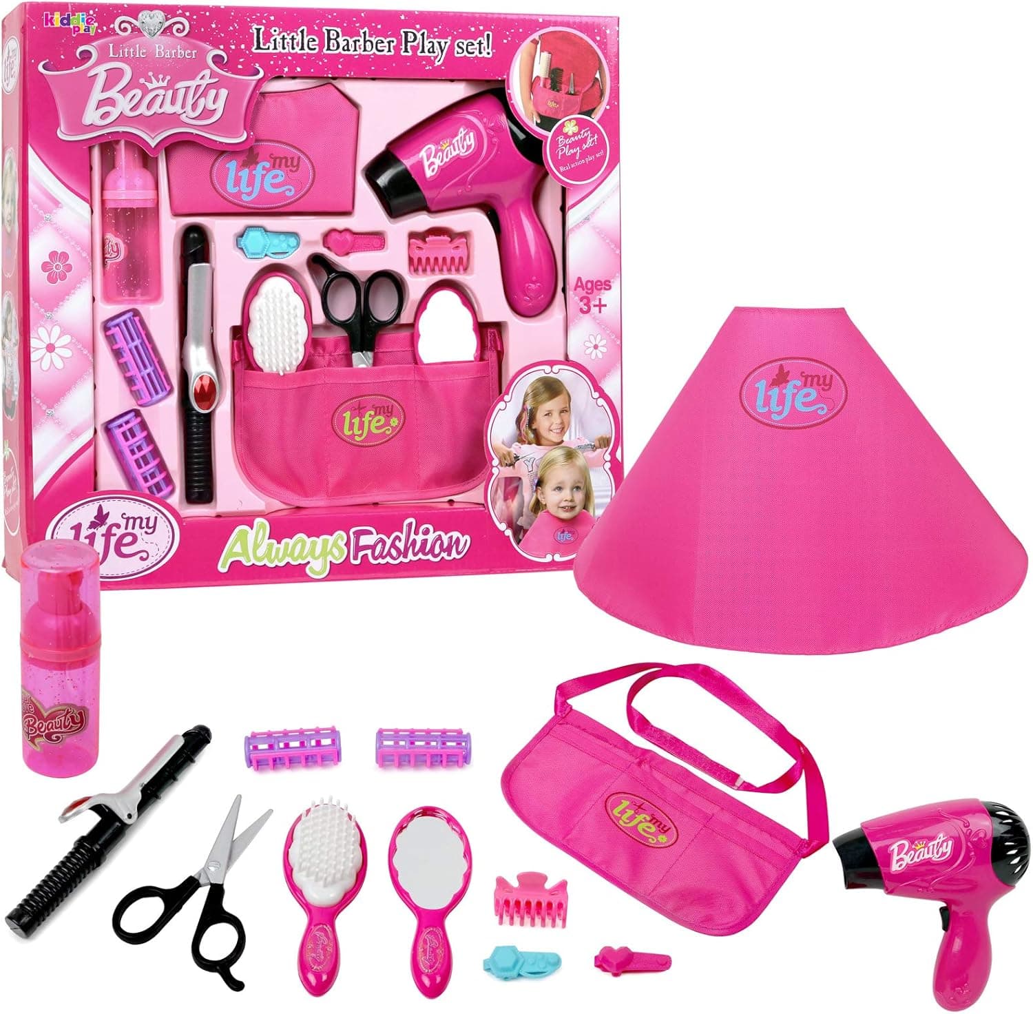Kiddie Play Pretend Play Girls Beauty Salon Fashion Toy Set Including Hair Dryer Curling Iron Mirror Scissors Hair Brush and More (13 Piece)