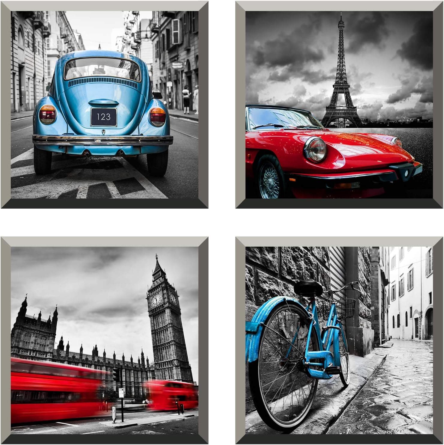 The Nisha 4 PC Pack Art Magic Pictures Peel and Stick 3D Vinyl Removable Wall Sticker Decals DIY Sticky Backsplash, Cars 4005