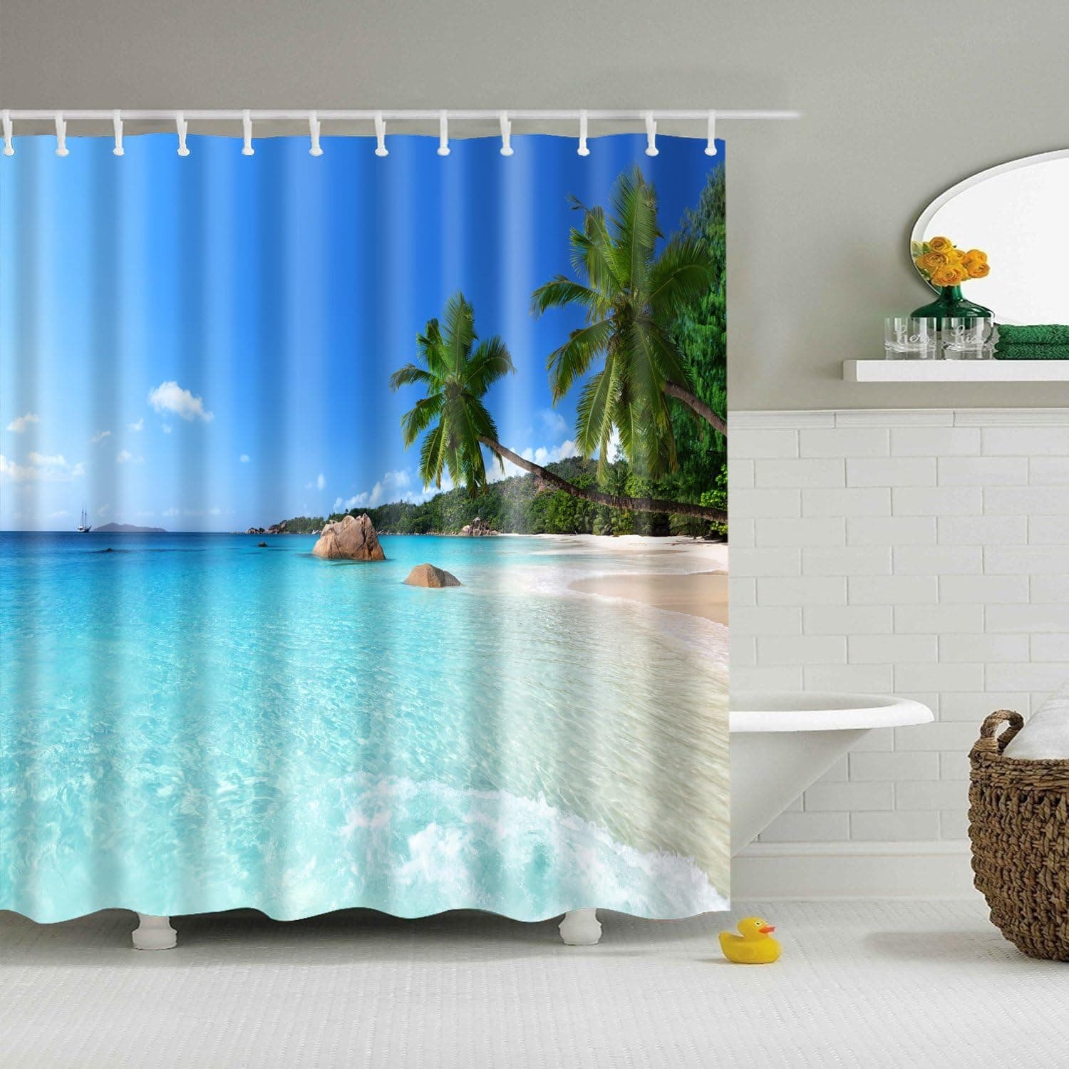 OMIWOUT Fabric Decorative Shower Curtain for Bathroom -120GSM Lightweight but Durable Waterproof Fabric with 12x Reinforced Grommets & Hooks, No Liner Needed 71”x71”, Beach Blue