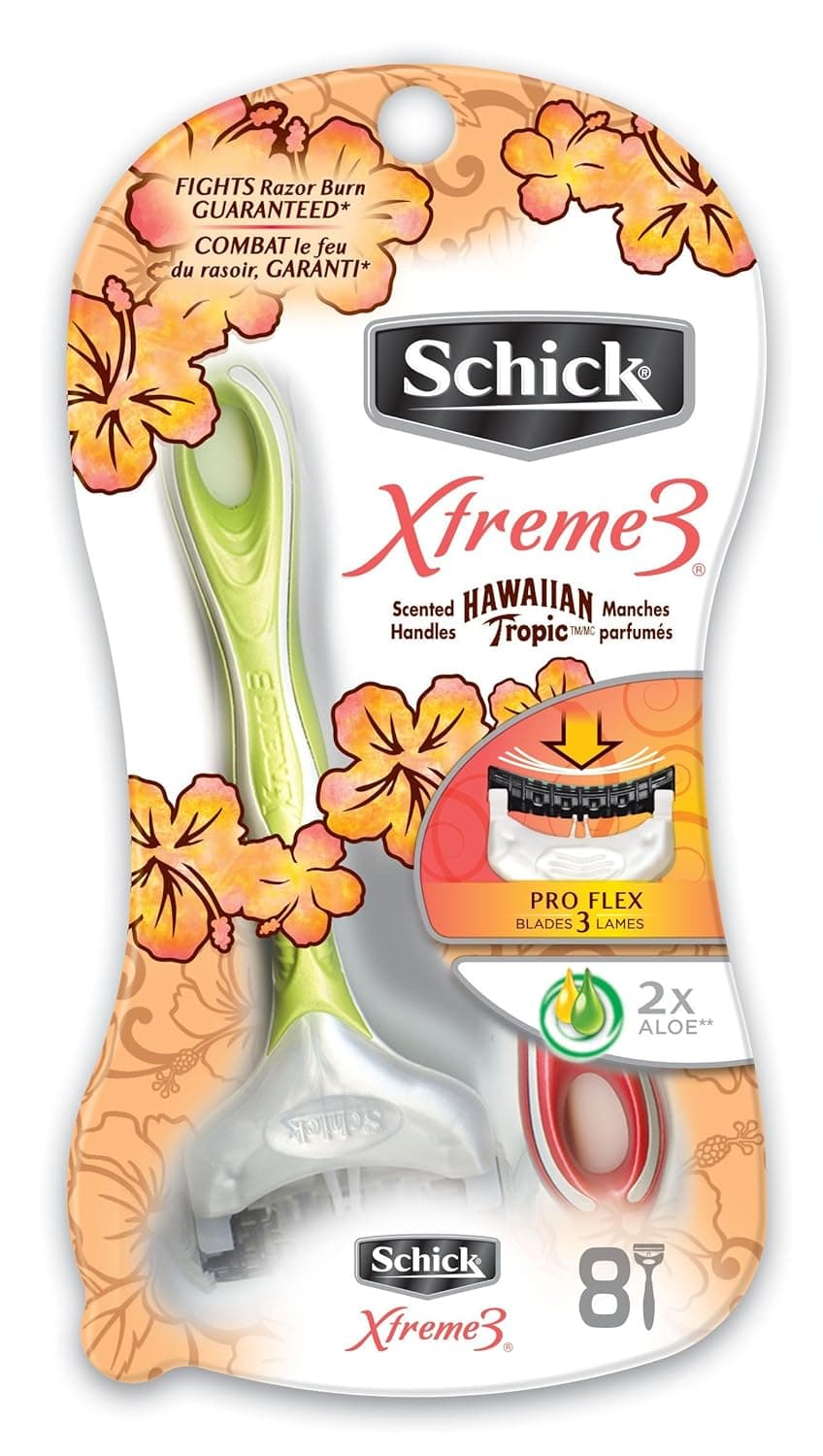 Schick Xtreme3 Women's Disposable Razors with Hawaiian Tropic Scented Handles, 8-Count (Pack of 2)