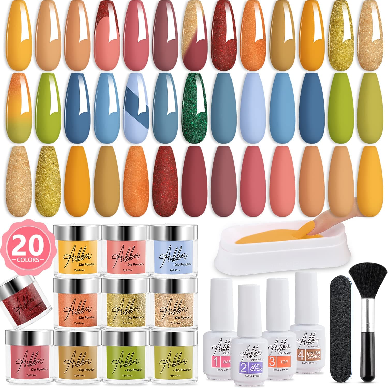 Aikker 27 Pcs Dip Powder Nail Kit Starter 20 Picnic Colors Classic Gold Orange Red Dipping Powder System with Essential Liquid and Dip Recycling Tray Set Birthday Gift for Bestie Family AK36