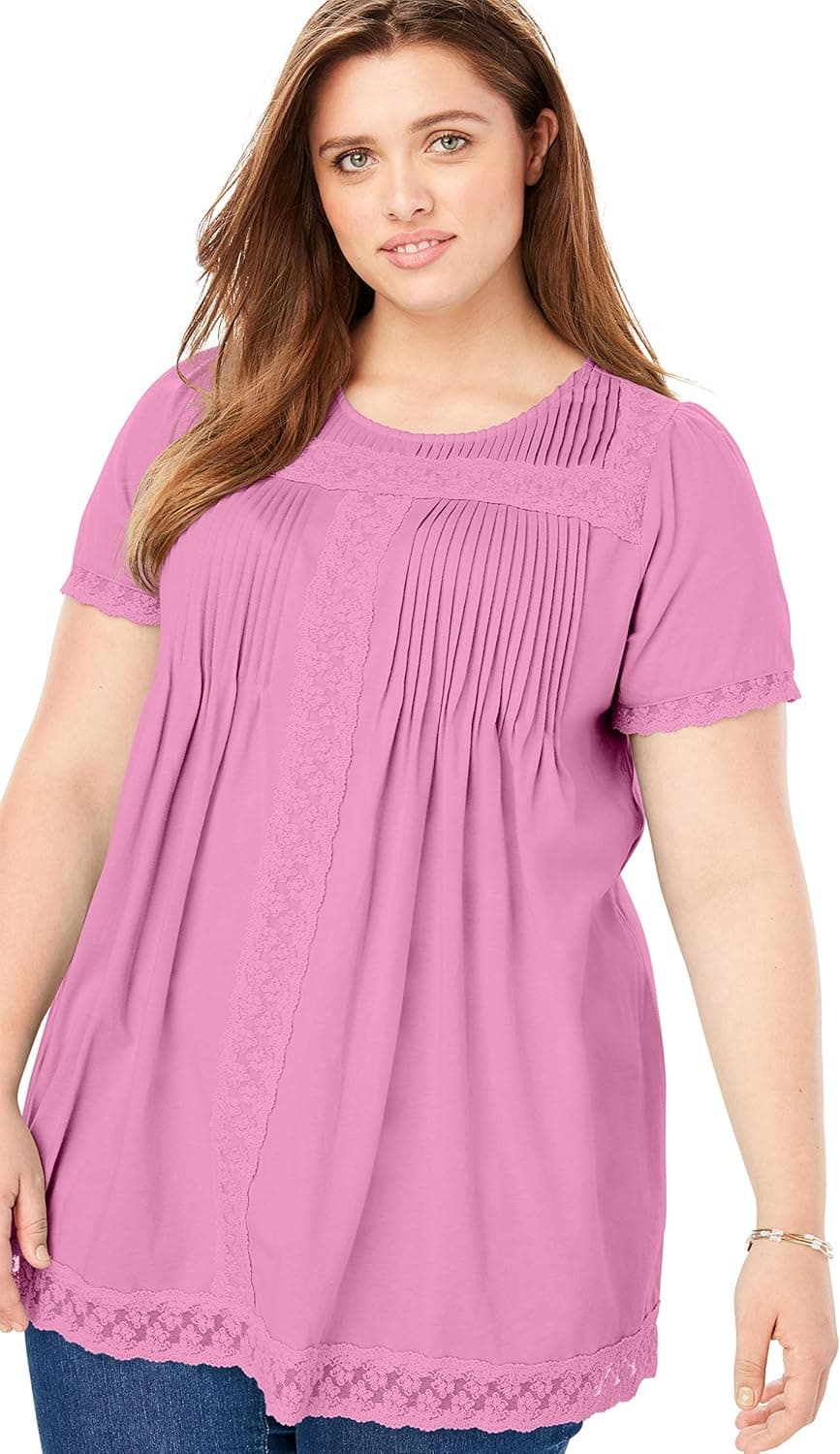 Woman Within Women's Plus Size Lace-Trim Pintucked Tunic - 1X, Seaside Pink