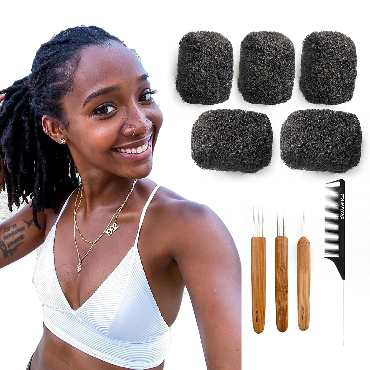 FAMILOCS Afro Kinky Bulk Human Hair 10 Inch 5 Packs 150g Afro Kinky Curly Hair Bulk for Making Locs, Repair Dreadlocks, Twist Braiding, #1B Natural Black Color Can be Dyed and Bleached, with Crochet Hook and Comb