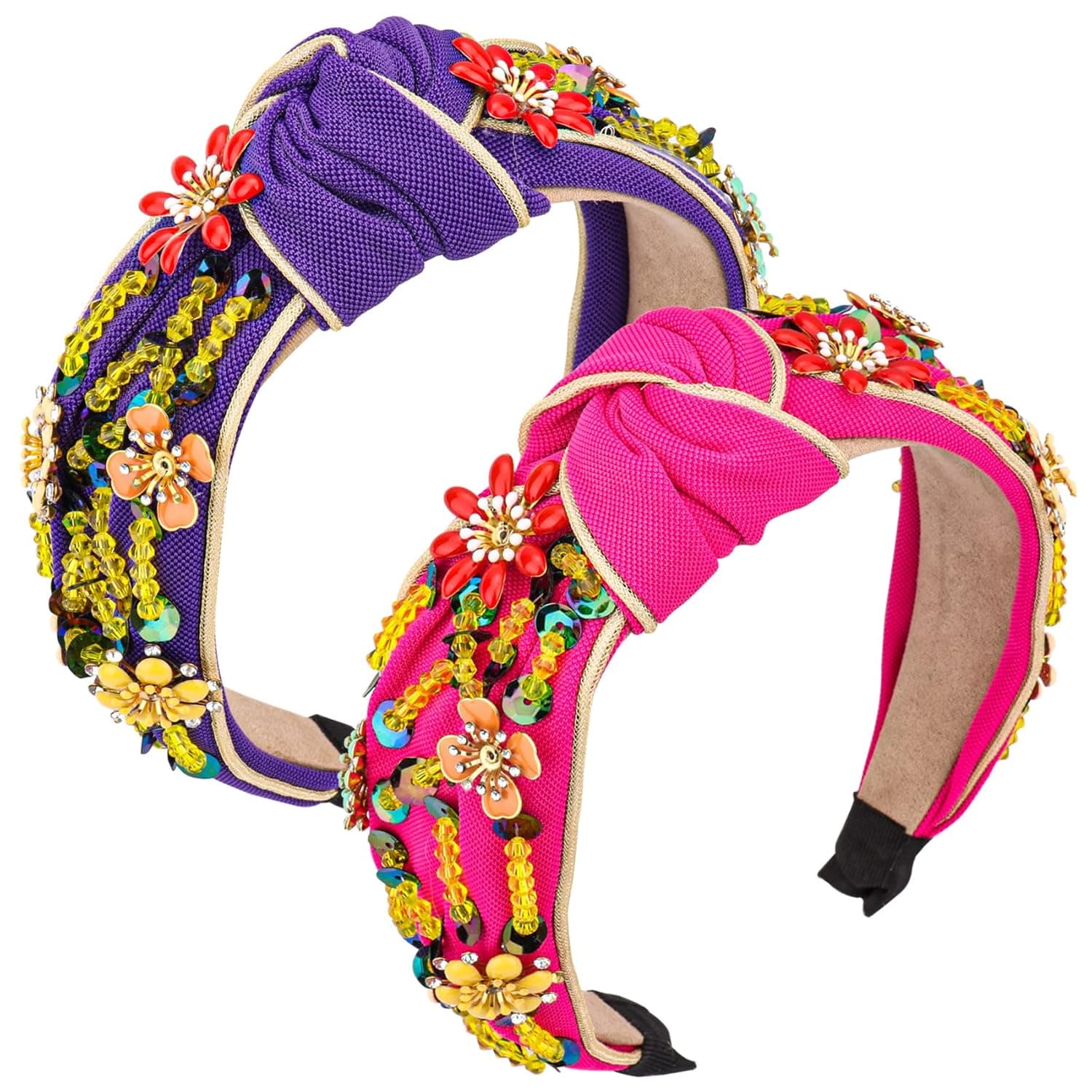 2 Pieces Rhinestone Crystal Wide Headbands Knot Turban Vintage Diamond Hairband Handmade Beaded Flower Hair Hoops Fashion Glitter Headband for Women Girls (Rose Red, Purple)