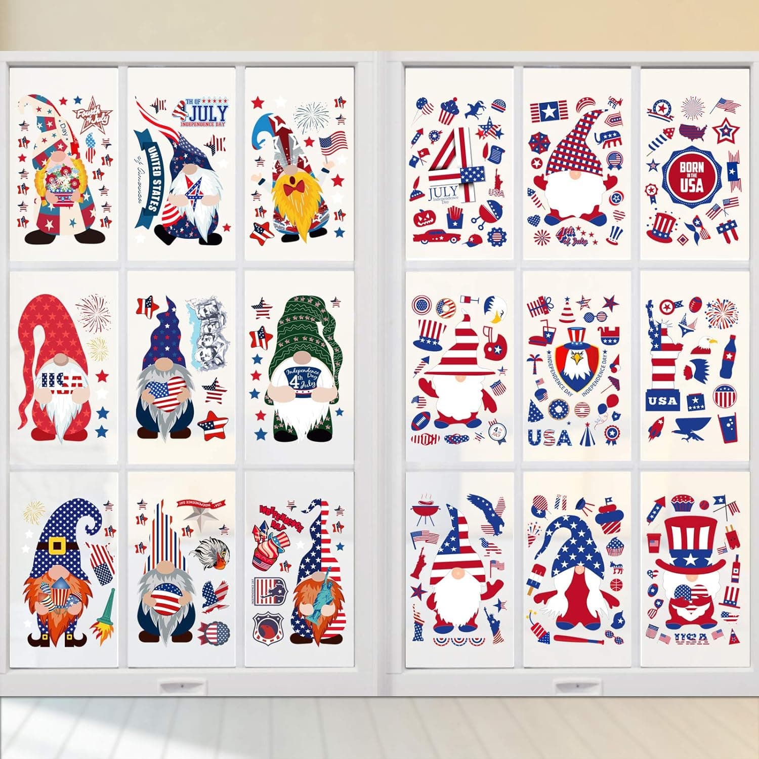 Tinlade July 4th Window Clings 18 Sheets Patriotic Gnome Wall Stickers Removable Window Decal Stickers Independence Day Star Stripes Decor for Patriotic Party Supplies Home Kitchen Office, 224 Pieces