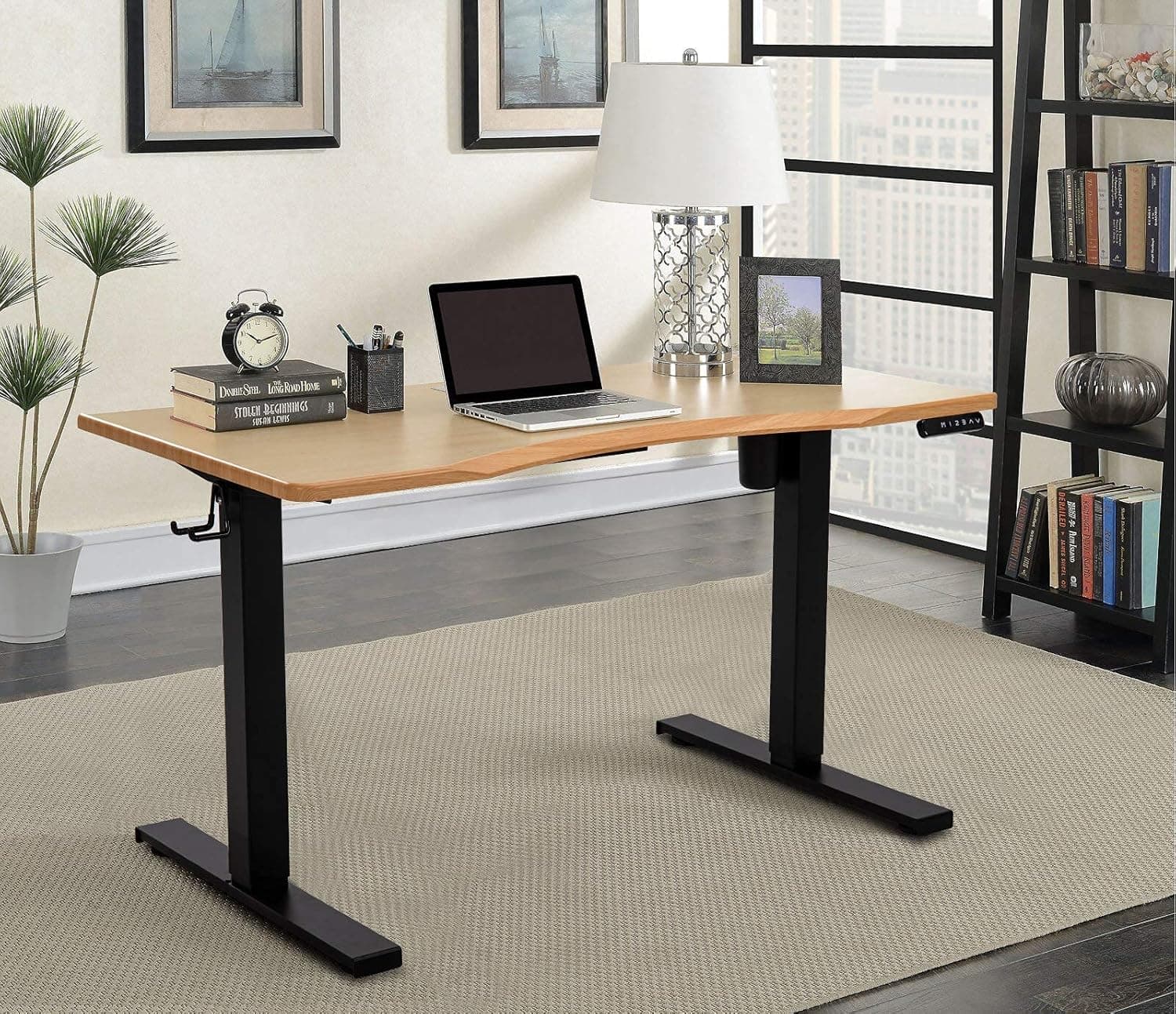 Coolvie Electric Standing Desk, 52x28 Inch Whole-Piece Board Adjustable Height Desk, Sit Stand Computer Desk for Home Office with Solid Black Frame and Bamboo Top, Easy Assembly in Minutes