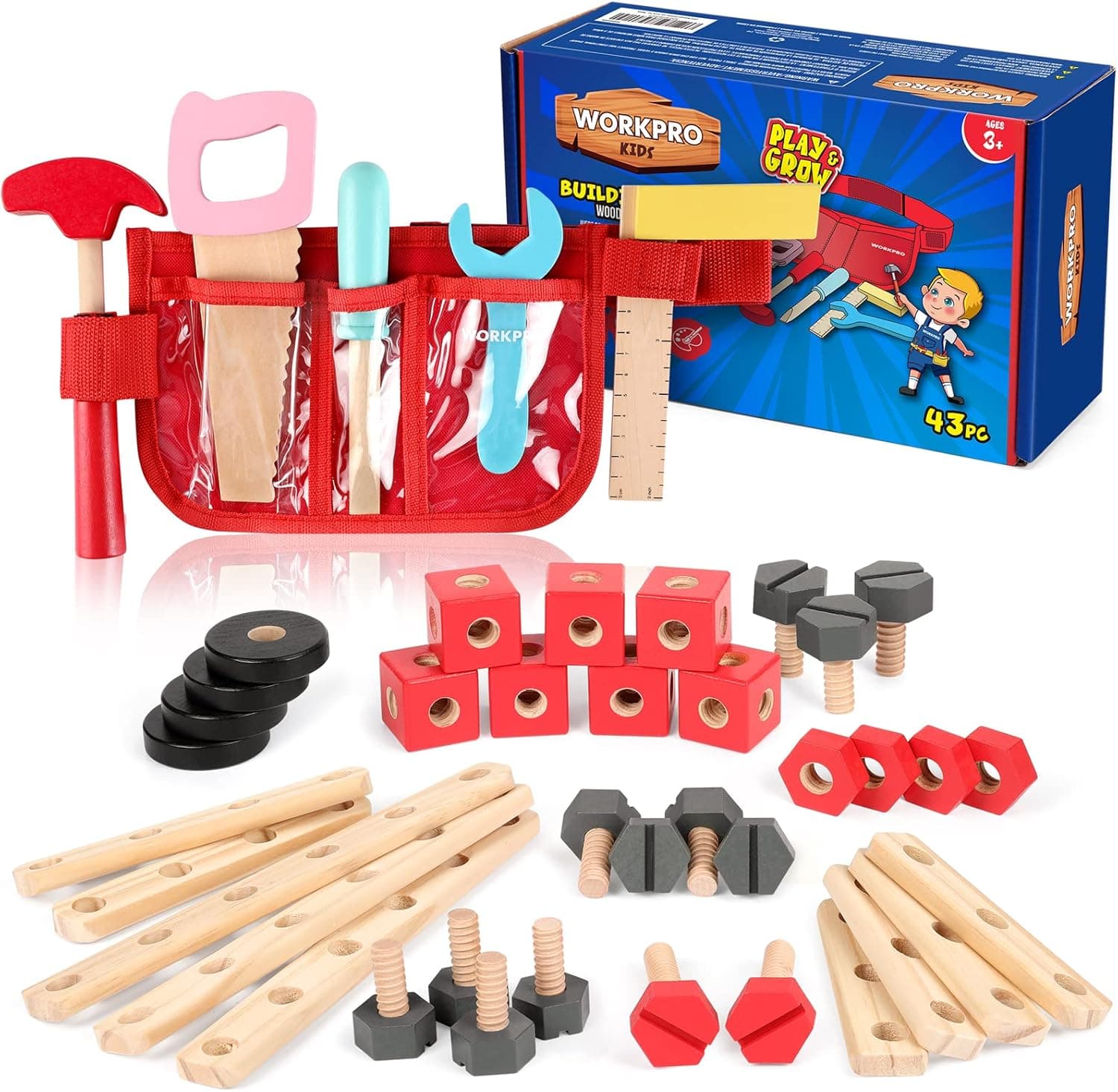 WORKPRO Wooden Building Toy Tools Set, Building Toy Set Creative&Educational Construction Toy, Great Gift for Toddlers 3+