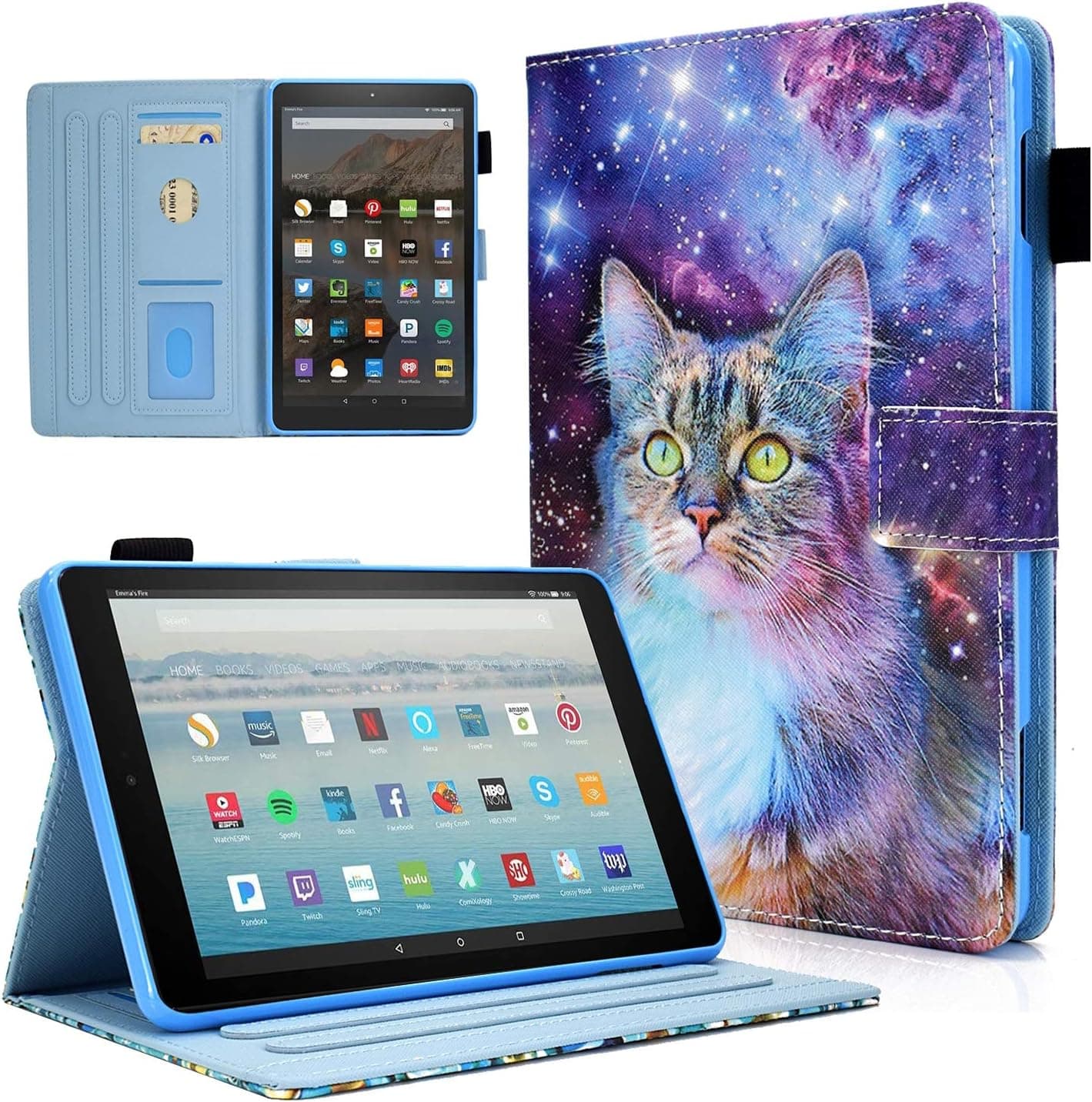 KEROM Fire HD 10 Tablet Case 9th Generation 2019/7th Generation 2017, Premium PU Leather Stand Cover Case for Amazon Fire HD 10 Tablet 9th/7th/5th Gen, Auto Wake/Sleep, Space Cat