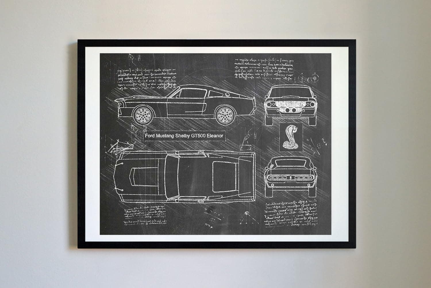 DolanPaperCo #268 Ford Mustang Shelby GT500 Eleanor 1967 Art Print, da Vinci Sketch – Unframed – Multiple Size/Color Options (Blackboard, 11x14)