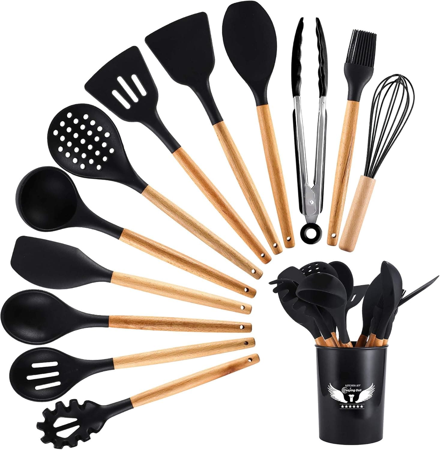 PDJW Silicone Kitchen Utensils, 13PCS Silicone Spatula Spoon Cooking Tools with Storage Holder, Cooking Utensils for Nonstick Cookware Black Kitchen Accessories & Gadgets with Wooden Handle
