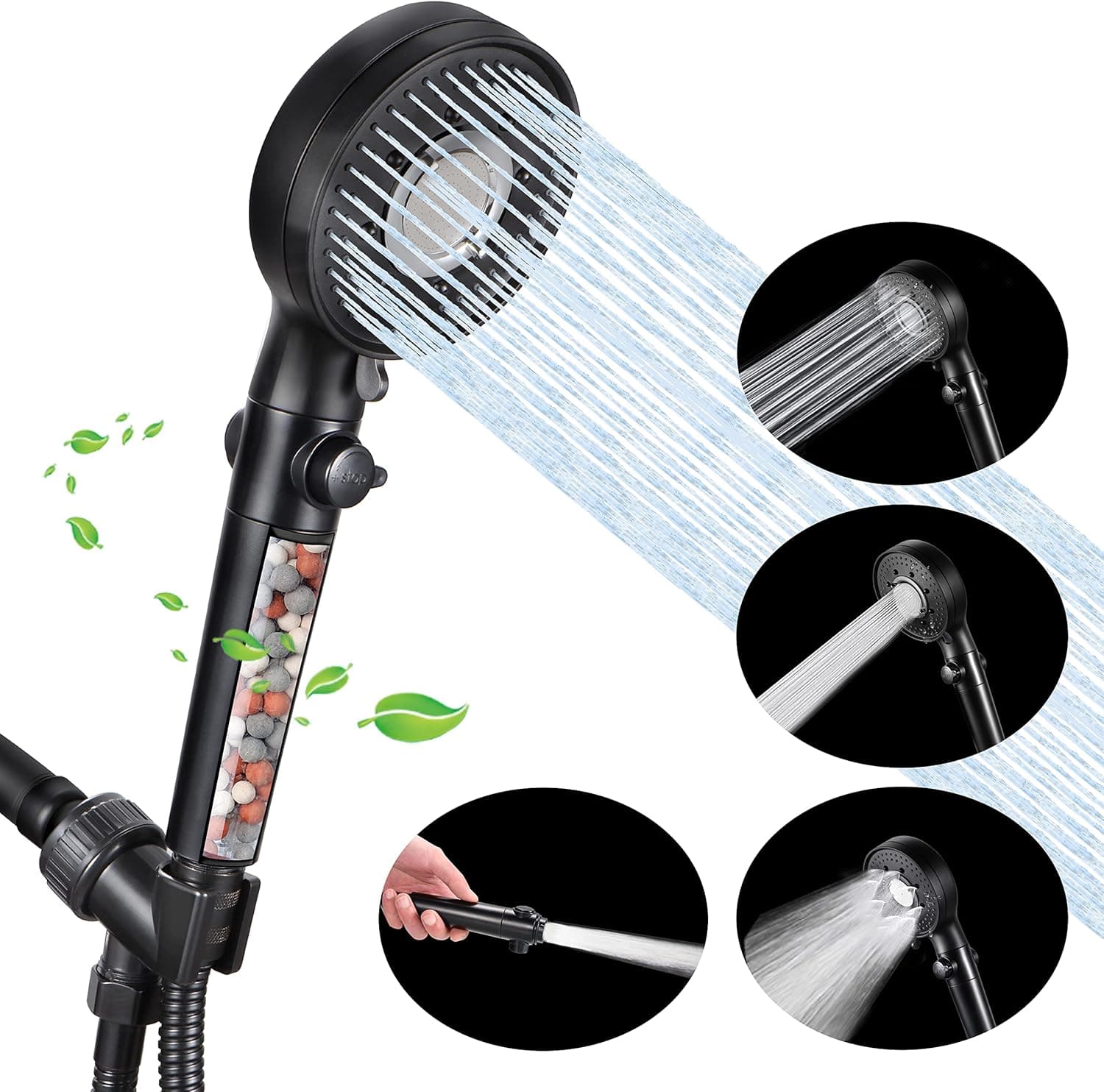 High Pressure Filter Handheld Shower Head with 59 Inch Stainless Steel Hose and Multi Angle Adjustable Shower Bracket, Water Saving Natural Spa Rainfall 3 Mode Matte Black Hand Held Showerhead