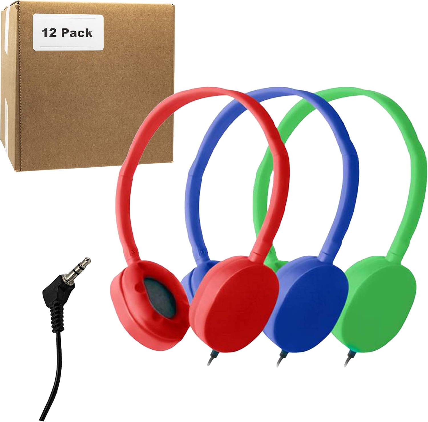 Bulk Headphones for School Library Classroom Airplane Hospital Museum Hotel Tours Gym Students Adjustable Disposable Reusable Comfortable Compact and Easy to Store Headsets (12Pack, BlueRedGreen)