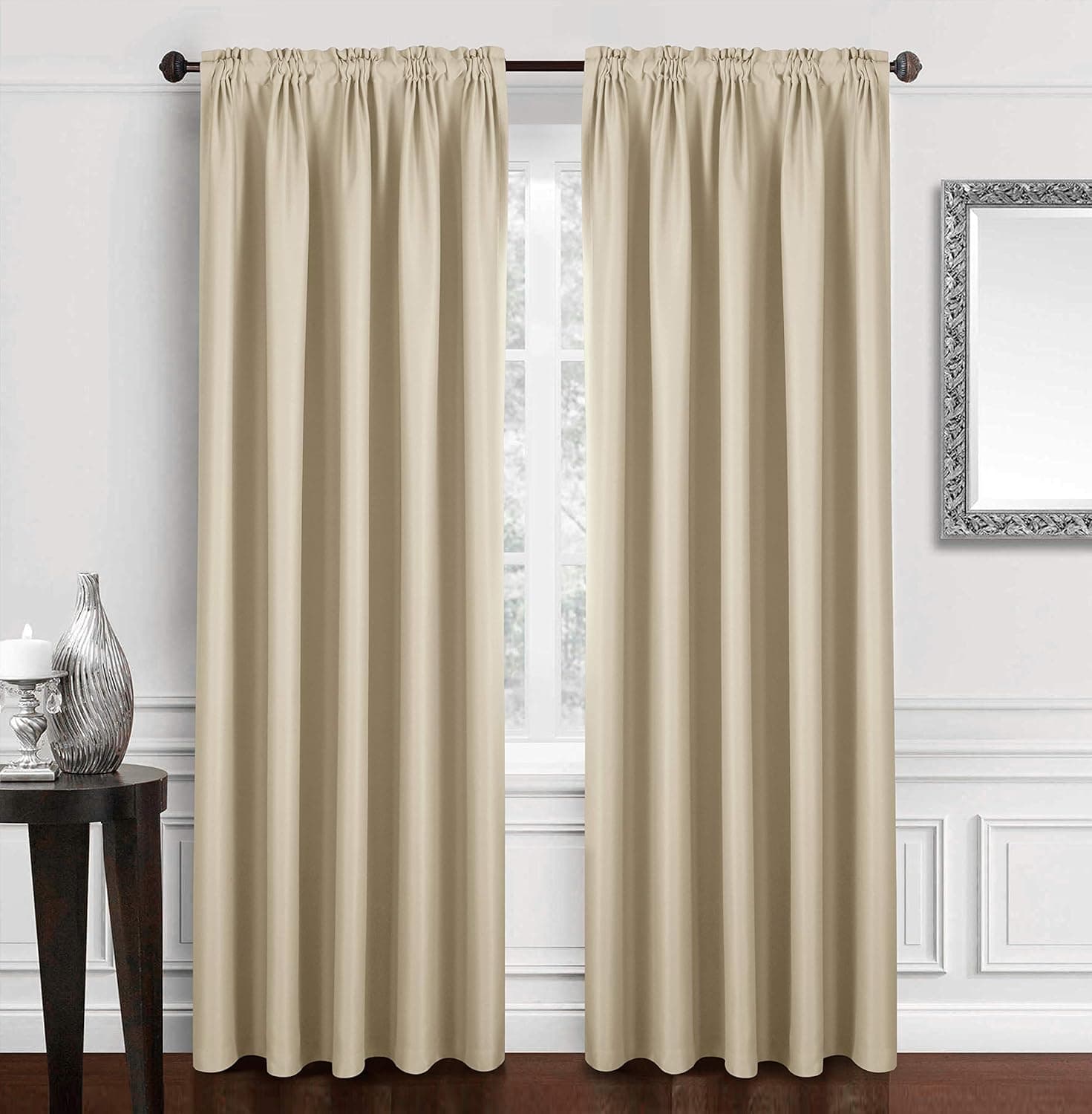 Dreaming Casa Solid Room Darkening Blackout Curtain for Bedroom Draperies Window Treatment Beige Rod Pocket 2 Panels 84 inches Long, 52" W x 84" L