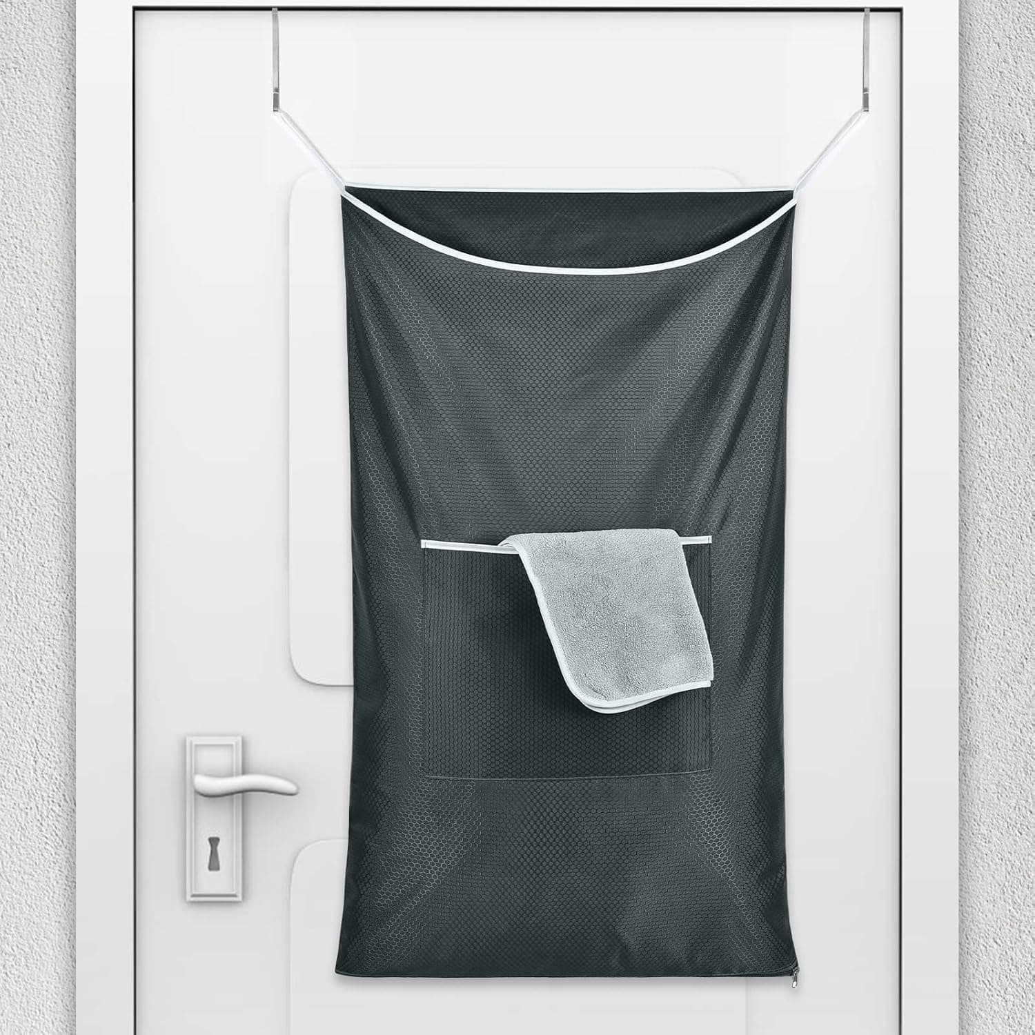 OTraki Large Hanging Laundry Hamper with 2 Type Hooks 20 x 35.5 inch Over The Door Hanging Bag for Laundry Wide Opening and Zippered Bottom Dirty Clothes Storage Bag for Behind Door in Home Dorm