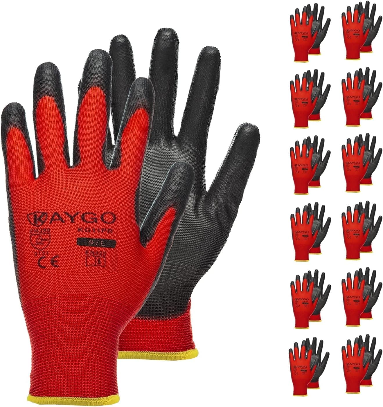 KAYGO Safety Work Gloves PU Coated-12 Pairs, KG11PR, Seamless Knit Glove with Polyurethane Coated Smooth Grip on Palm & Fingers, for Men and Women, Ideal for General Duty Work (Large, Red)