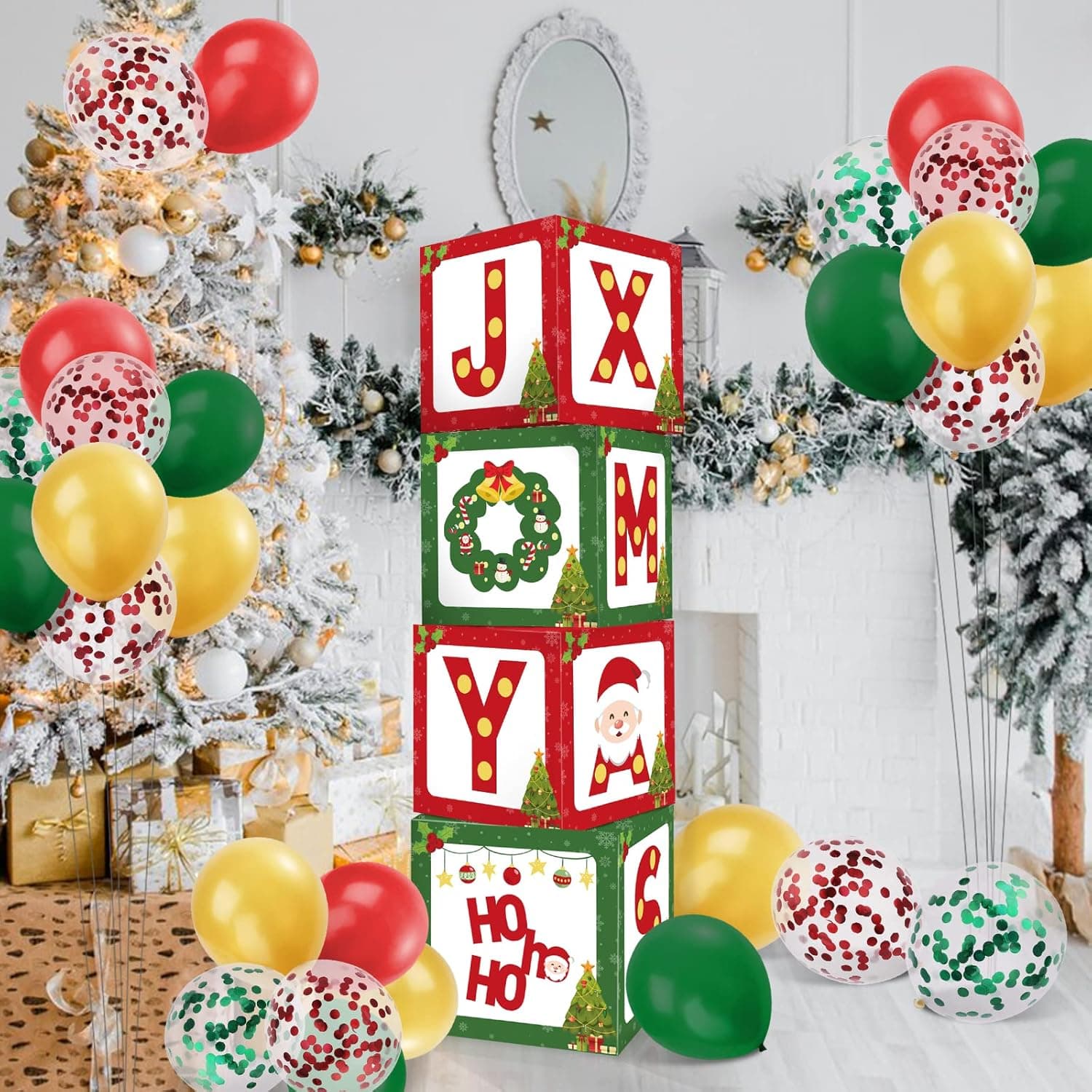 Christmas Joy Xmas sign Xmas Joy Balloon Boxes Blocks Party Decorations Red Green Balloon Garland for Christmas Holiday Winter Party Decorations Home Housewarming Family Gathering Decor