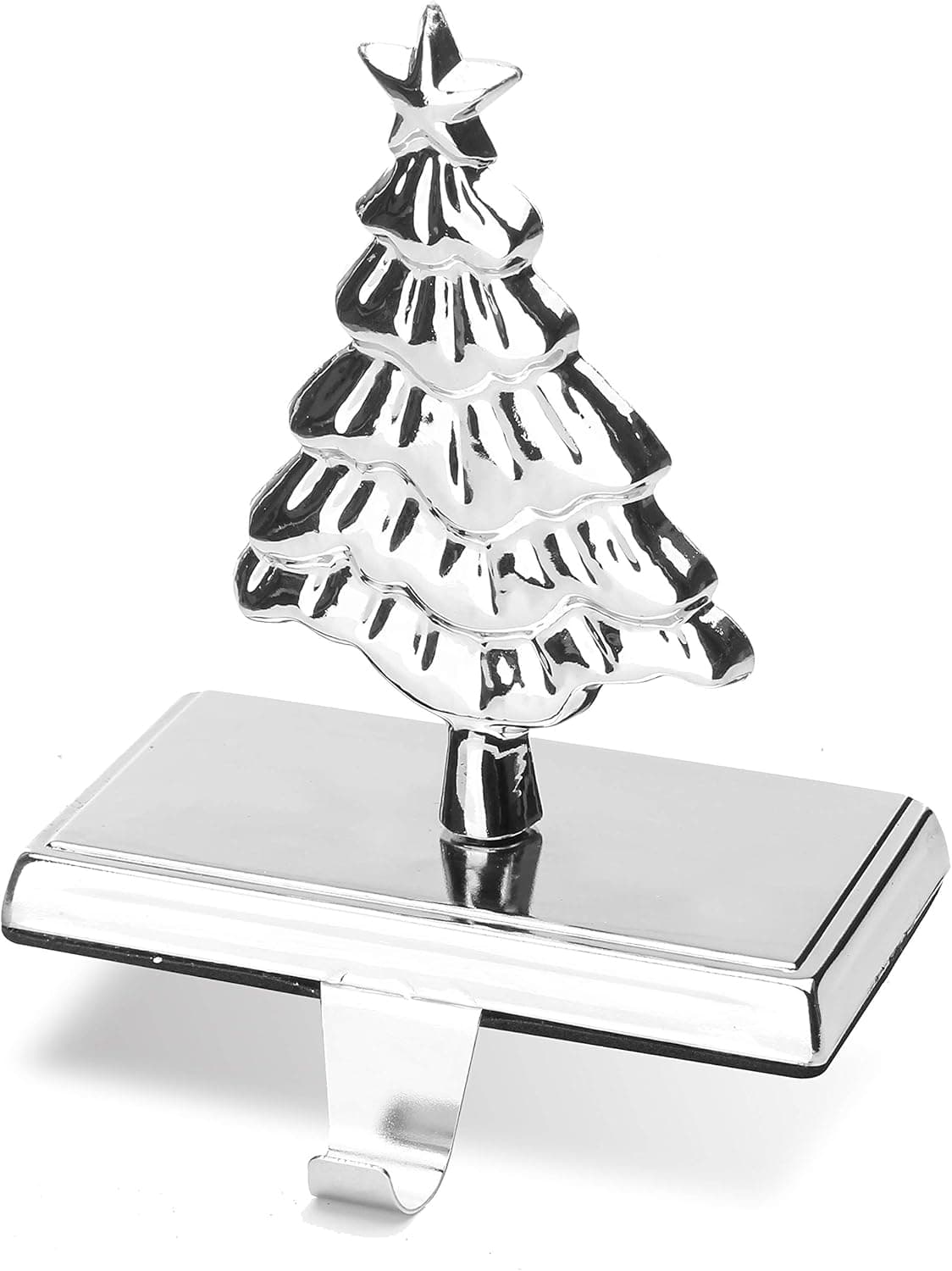 QinYing 6.03" Shiny Silver Christmas Pine Tree Christmas Stocking Holders for Fireplace Mantle Stand Hanger Sturdy Metal Christmas Decorations(Sliver)