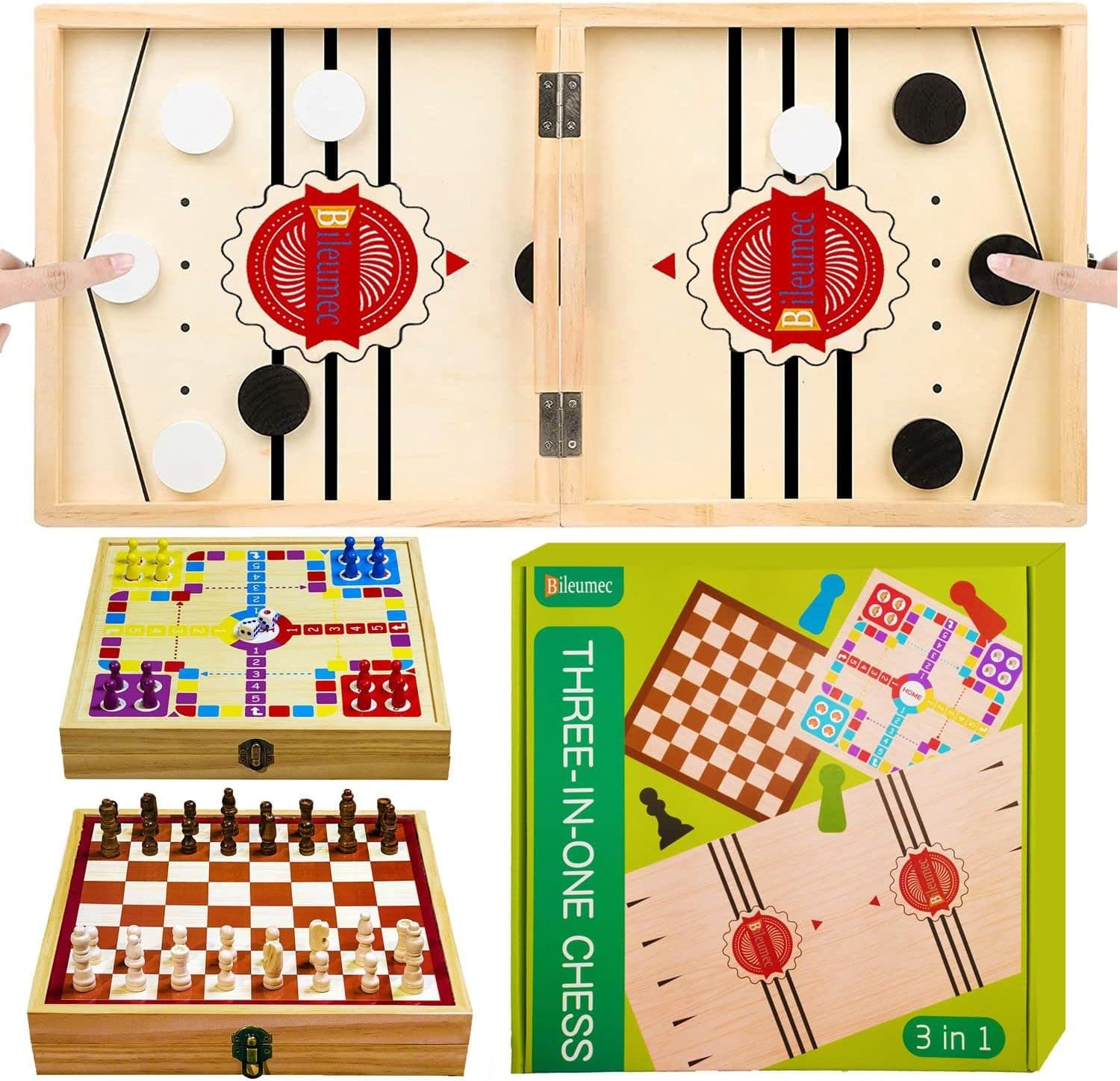 Broad Game for Boys Girls Age 3 and up, 3 in 1 Large Size Wooden Ludo Flying Chess + Fast Sling Puck +Chess Family Game for Adults Kids and Children Sport Toys Gift for Boy Girl 4 5 6 7 8 9 10+
