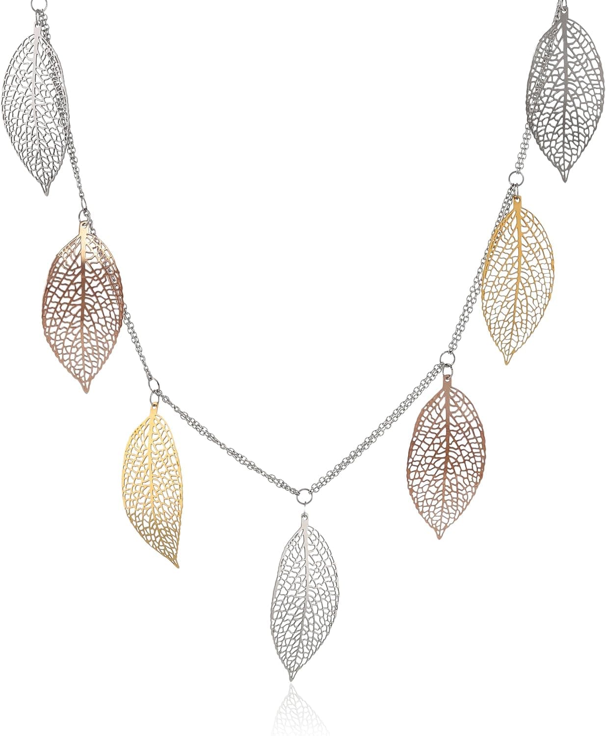 Amazon Collection Stainless Steel IPG Color-Plated Multi-Leaf Necklace, 17"