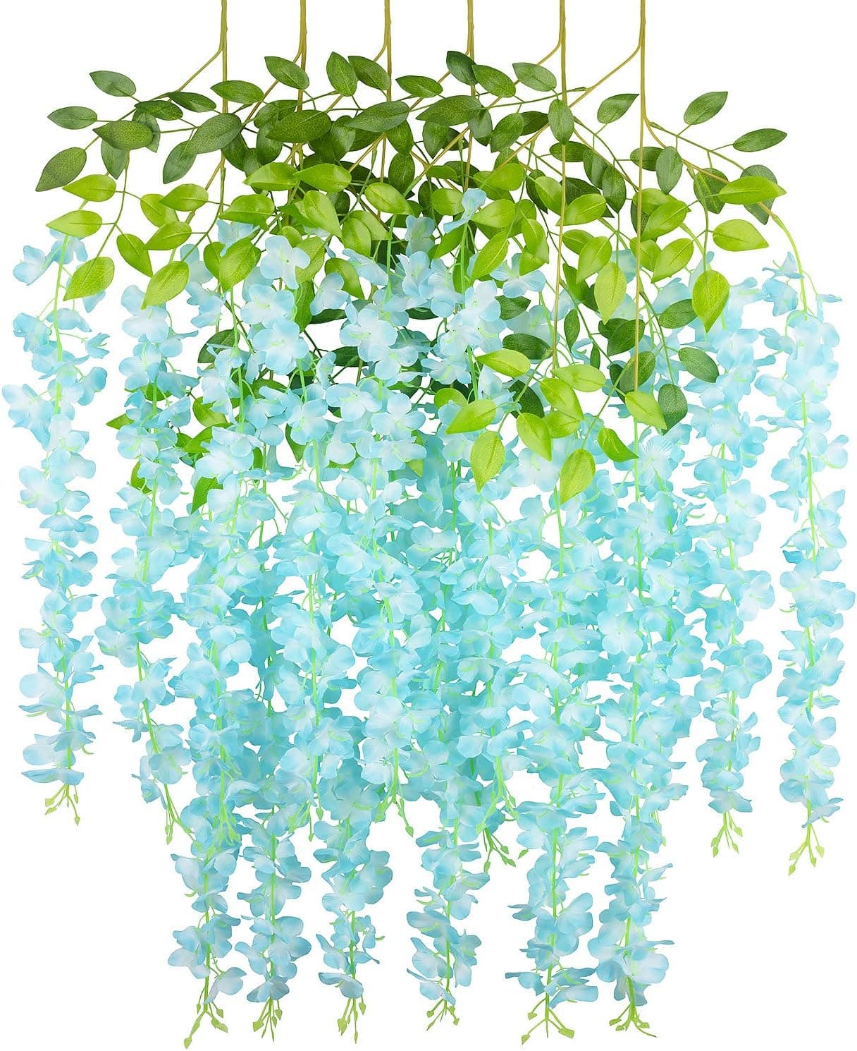 COOWAS 6 Pack 3.67 Feet Artificial Fake Wisteria Vine Ratta Hanging Garland Plants Silk Flowers for Wedding Party Outdoor Garden Office Home Kitchen Wall Decor Blue