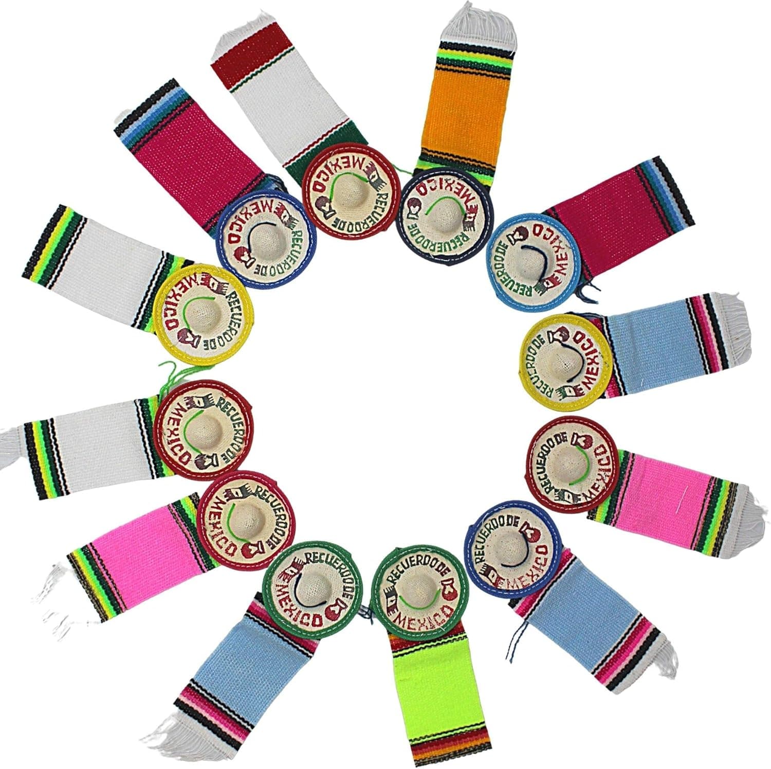 Needzo Mariachi Sombrero Mini Party Favor Decorations for Kids or Adults, Bulk Miniature Natural Straw Sombreros with Colorful Striped Serape, Fiesta Themed Party Decor, Set of 12, 2.25 Inches