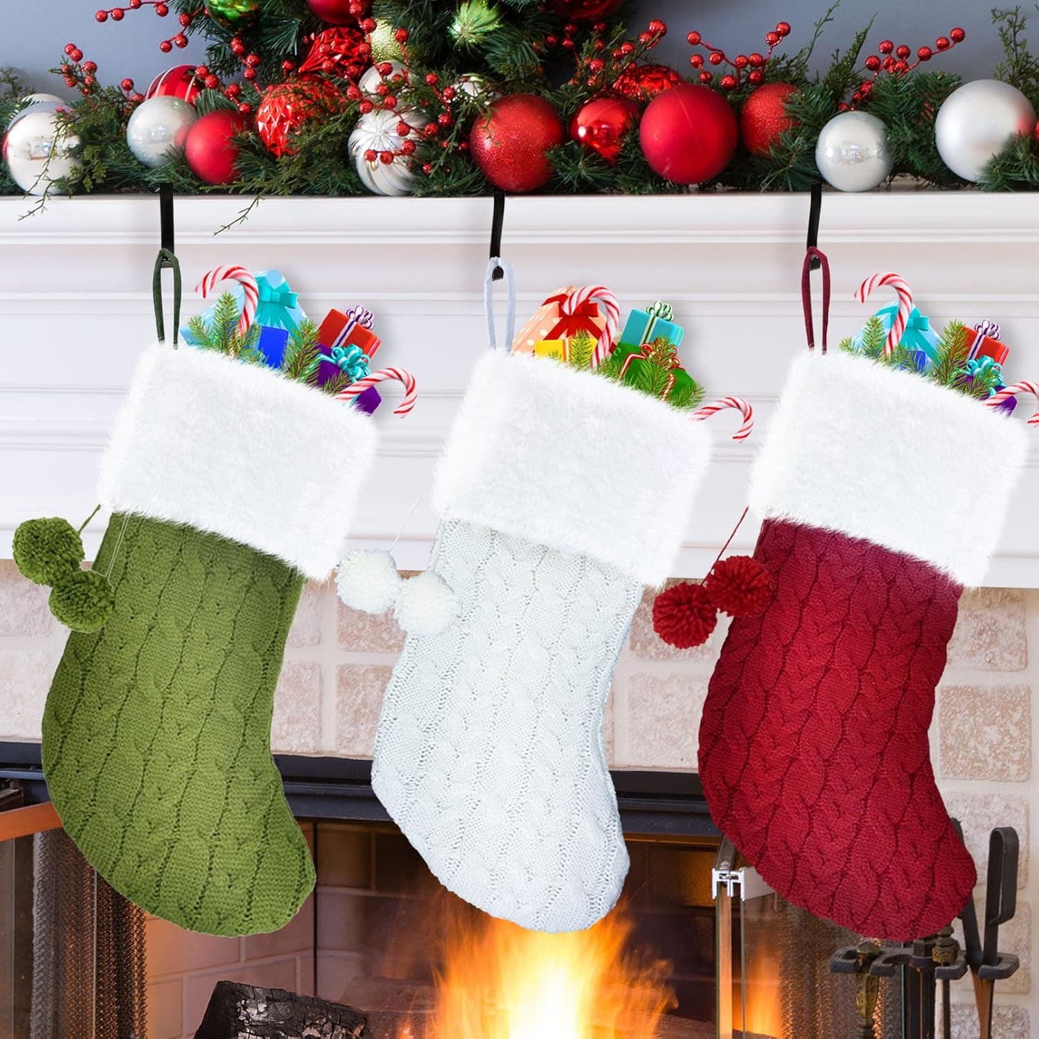 WAYDEKO Christmas Stockings Set of 3 Knitting White Green Red Fabric Felt Cuff Gift Bags for Kids Holiday Fireplace Hanging Christmas Party Decorations (White Green RED Knitting POM)