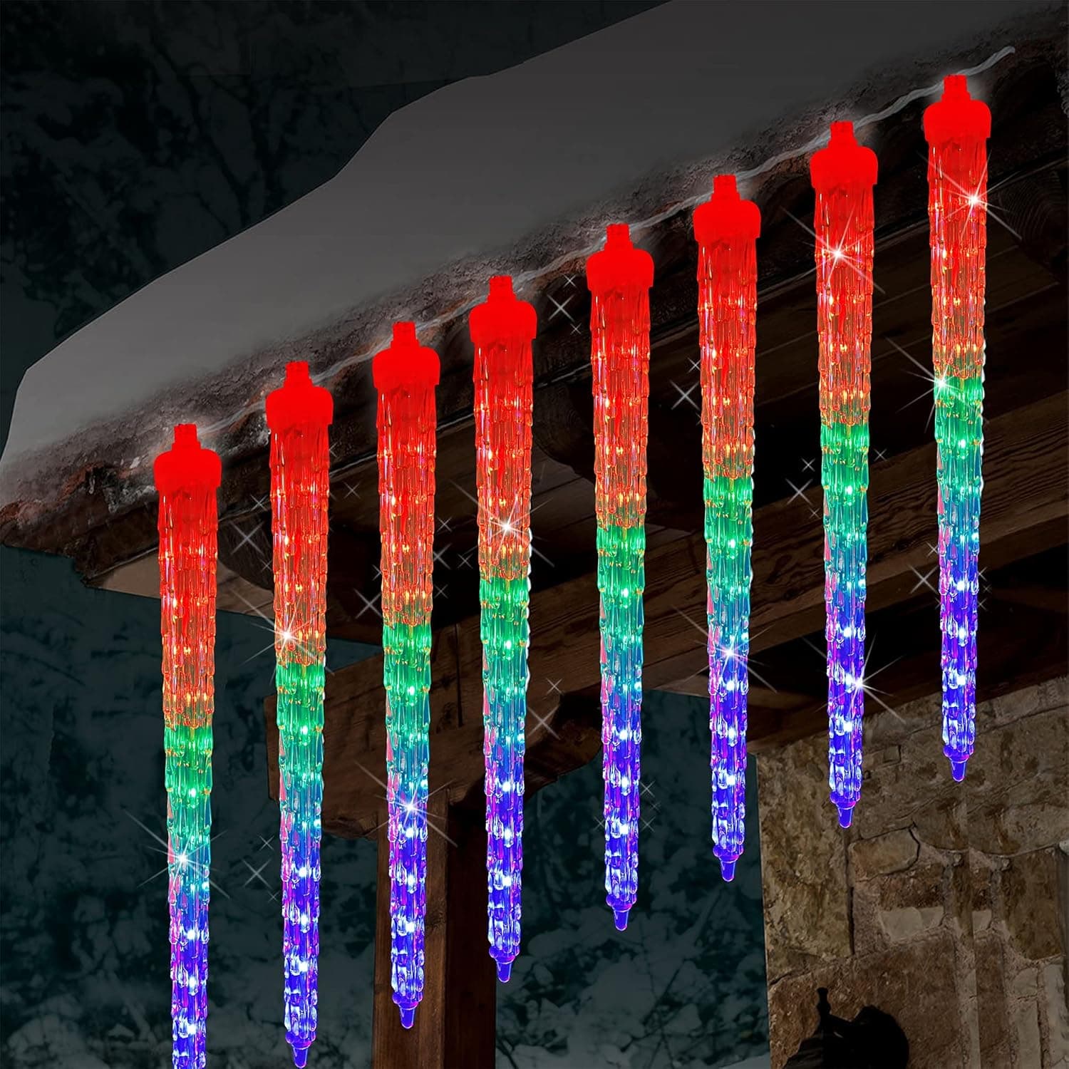 WATERGLIDE Meteor Shower Lights, 12" Outdoor Icicle Christmas Lights 8 Icicles 192 SMD LED Crystal Ice Falling Lights, Connectable Raindrop Lights, Xmas Winter Party Tree Holiday Decor, Multicolor