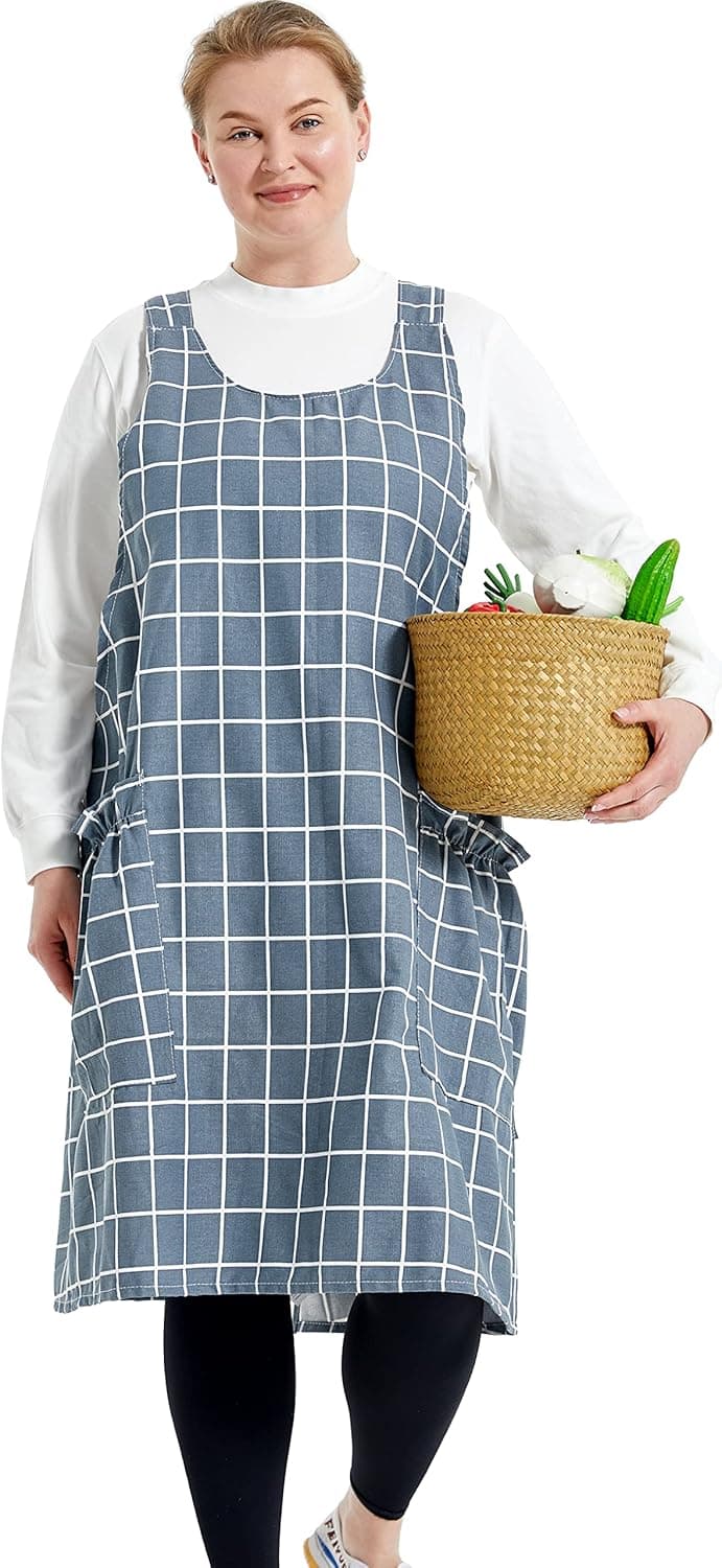 APRONNER Big Plus Size Aprons for Women with Pockets Cotton Linen Baking Kitchen Cooking Grey Grid