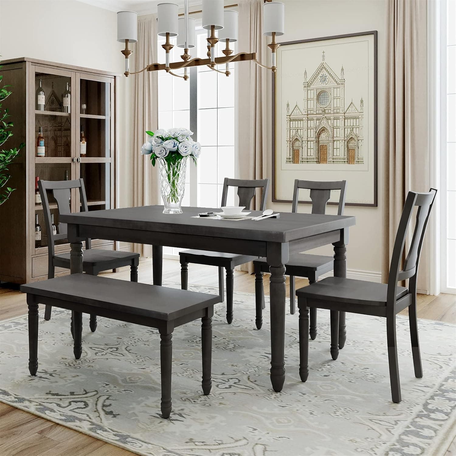Bellemave 6 Piece Dining Table Set, Wood Dining Dinette Table and 4 Chairs with 1 Bench, Rustic Style Kitchen Table Set for 6 Persons, Gray