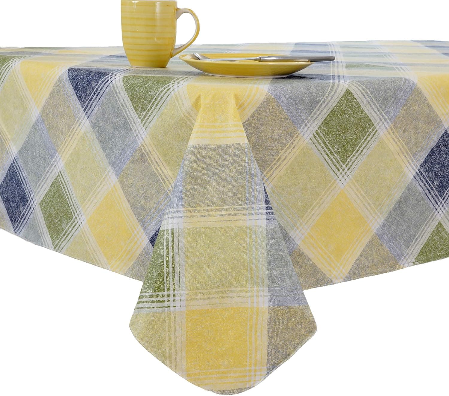 EVERYDAY LUXURIES Harmony Plaid Flannel Backed Indoor Outdoor Vinyl Table Linens, 52-Inch by 52-Inch Square, Blue