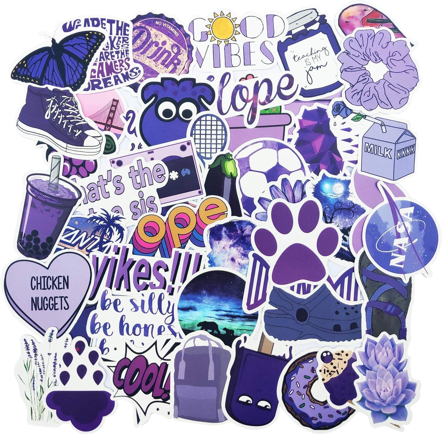 Purple Vsco Stickers for Water Bottle, Big 50-Pack, Waterproof Trendy Aesthetic Vinyl Outdoor Black Stickers Pack for Teens, Perfect for Laptop, Hydro Flask, Phone, Luggage, Car