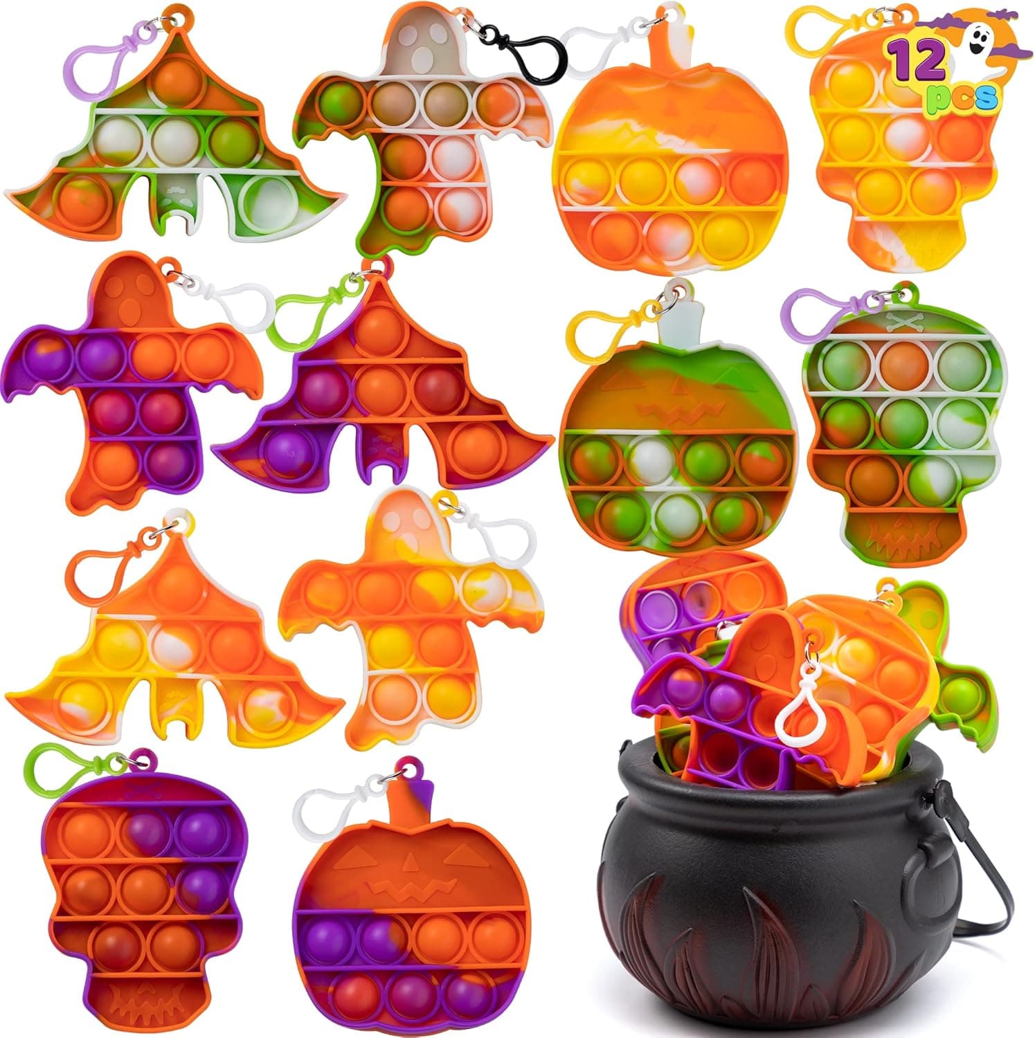JOYIN Halloween Cauldron with 12PCS Sensory Squeeze Bubbles Toy Silicone Fidget Toys for Kid Party Favors, Halloween Miniatures, Halloween Party Decorations