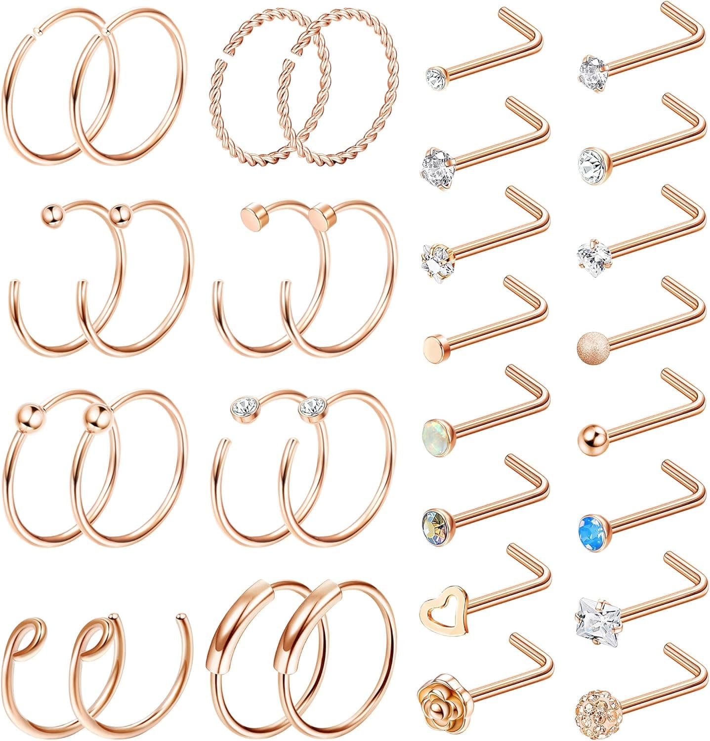 LOYALLOOK 32PCS Nose Rings Hoop C-Shaped Nose Ring L-Shaped Nose Stud Ring Stainless Steel Nose Rings Piercing