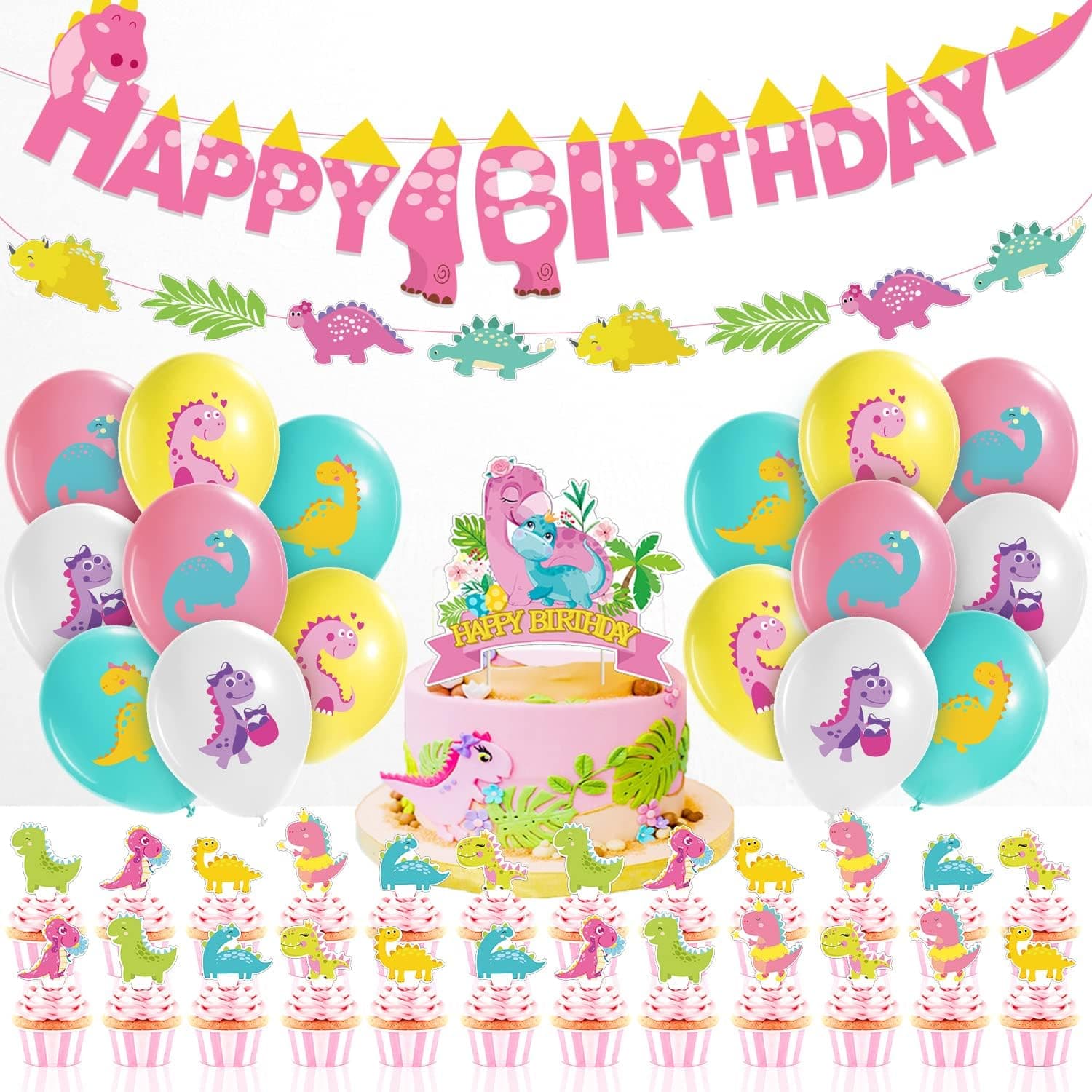 Girls Dinosaur Birthday Party Supplies, Pink Dinosaur Party Decorations-Balloons for Dinosaur Theme Party, Dinosaur Happy Birthday Banner, Dino Cupcake Toppers, 43pcs Dinosaur Party Supplies