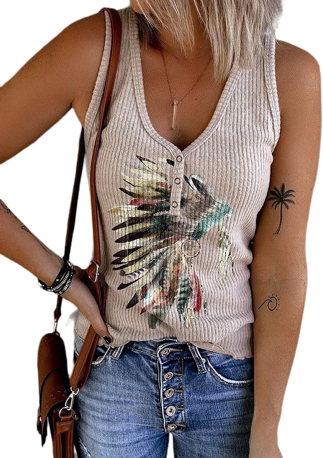 Henley Tank Tops Womens Western Aztec Print V-Neck Cami Ribbed Sleeveless Shirts Casual Button Up T-Shirts