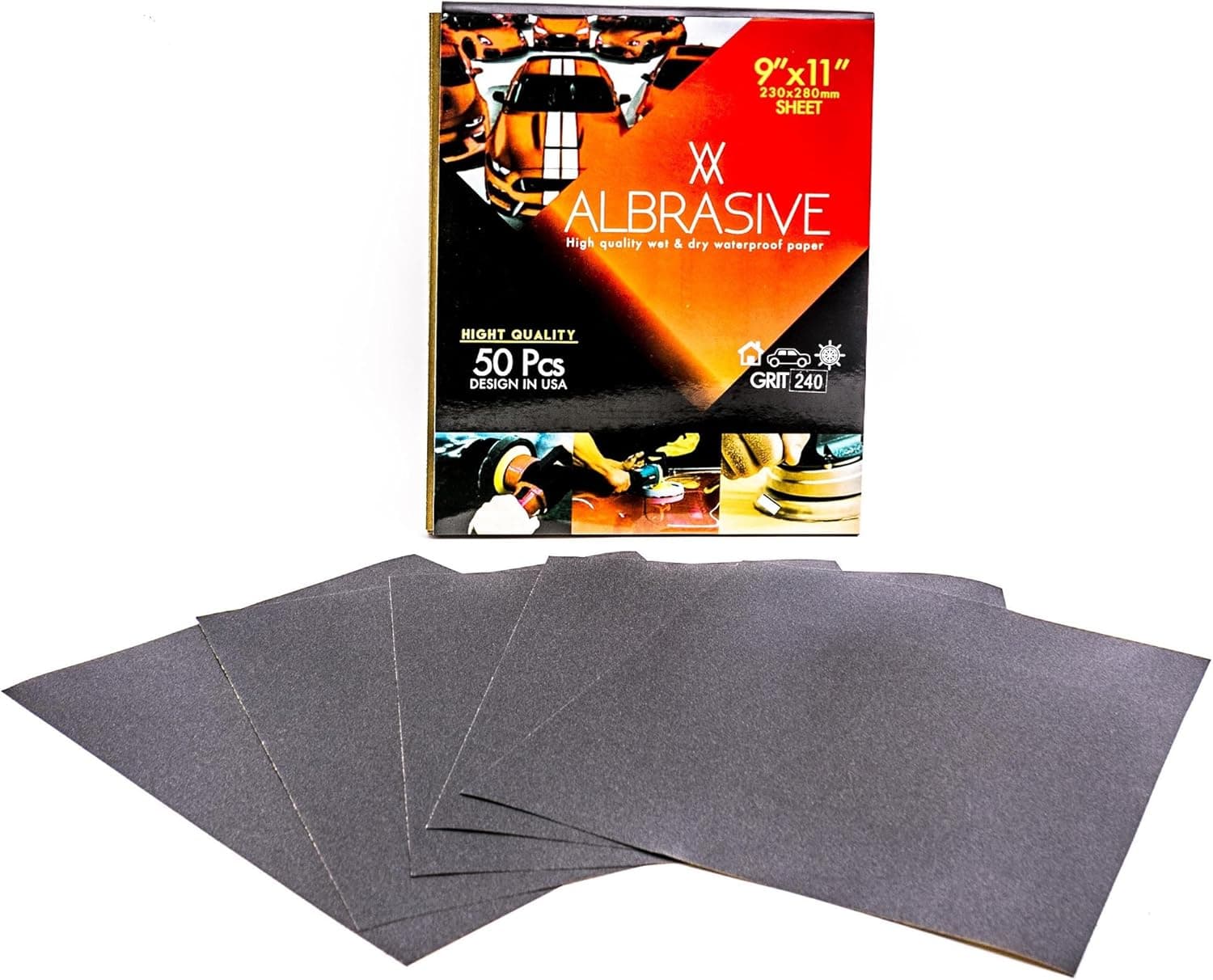 ALbrasives Wet Dry Sandpaper Sheets 9 x 11 Inches, 50 Pack, Made of Silicon Carbide (240 Grit)
