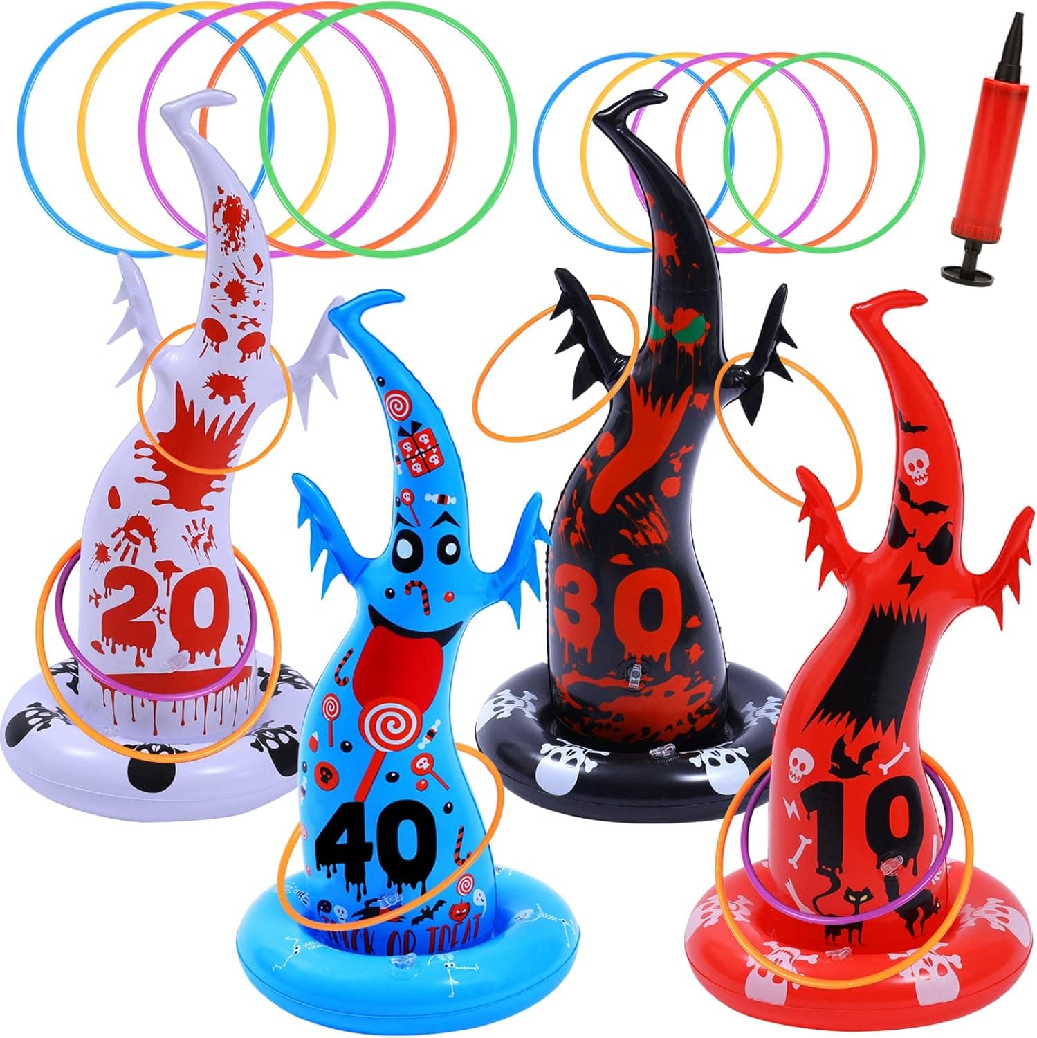 16PCS Halloween Inflatable Witch Hat Ring Toss Game Halloween Games with 10 Rings and Pump Halloween Decorations Gift for Kids Adults Family Party Games