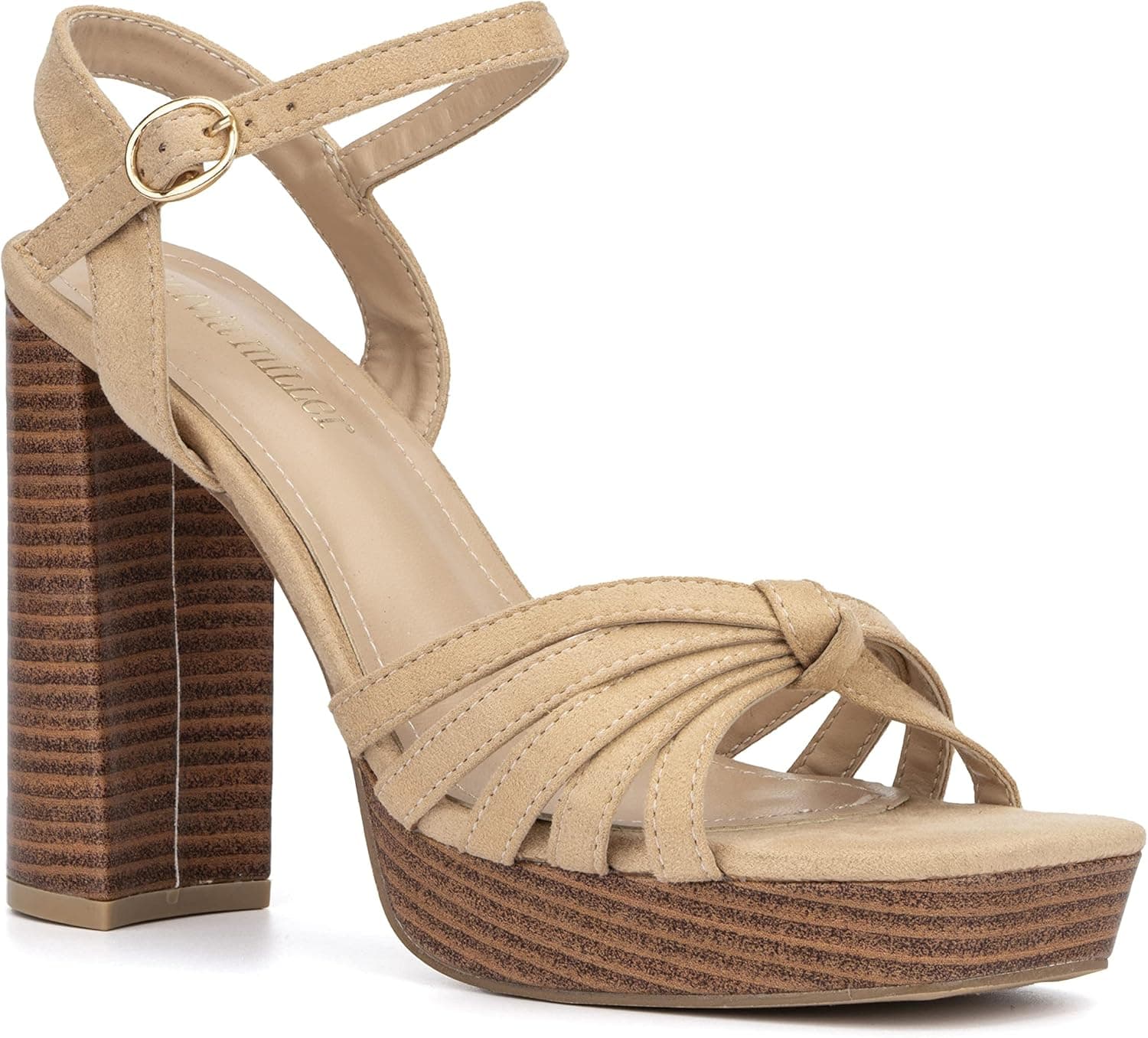 Olivia Miller Women’s Fashion Ladies Shoes, Knot PU Vegan Leather w Cork Platform n Adjustable Ankle Strap, Trendy Party Open Toe, Slide On 4 Inch Mid High Block Heel Sandals