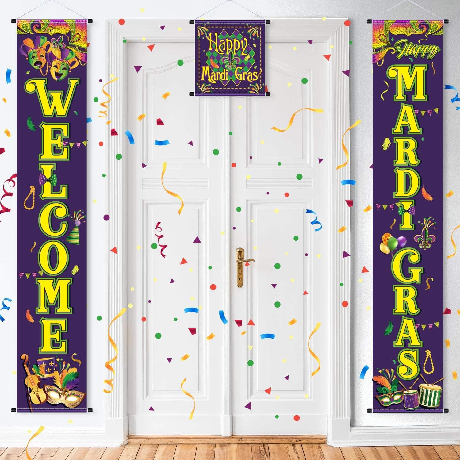 Mardi Gras Decoration Set Mardi Gras Porch Sign Welcome Banner Mardi Gras Hanging Decoration for Indoor/Outdoor Decoration Mardi Gras Masquerade Party (Purple, 3 Pieces)