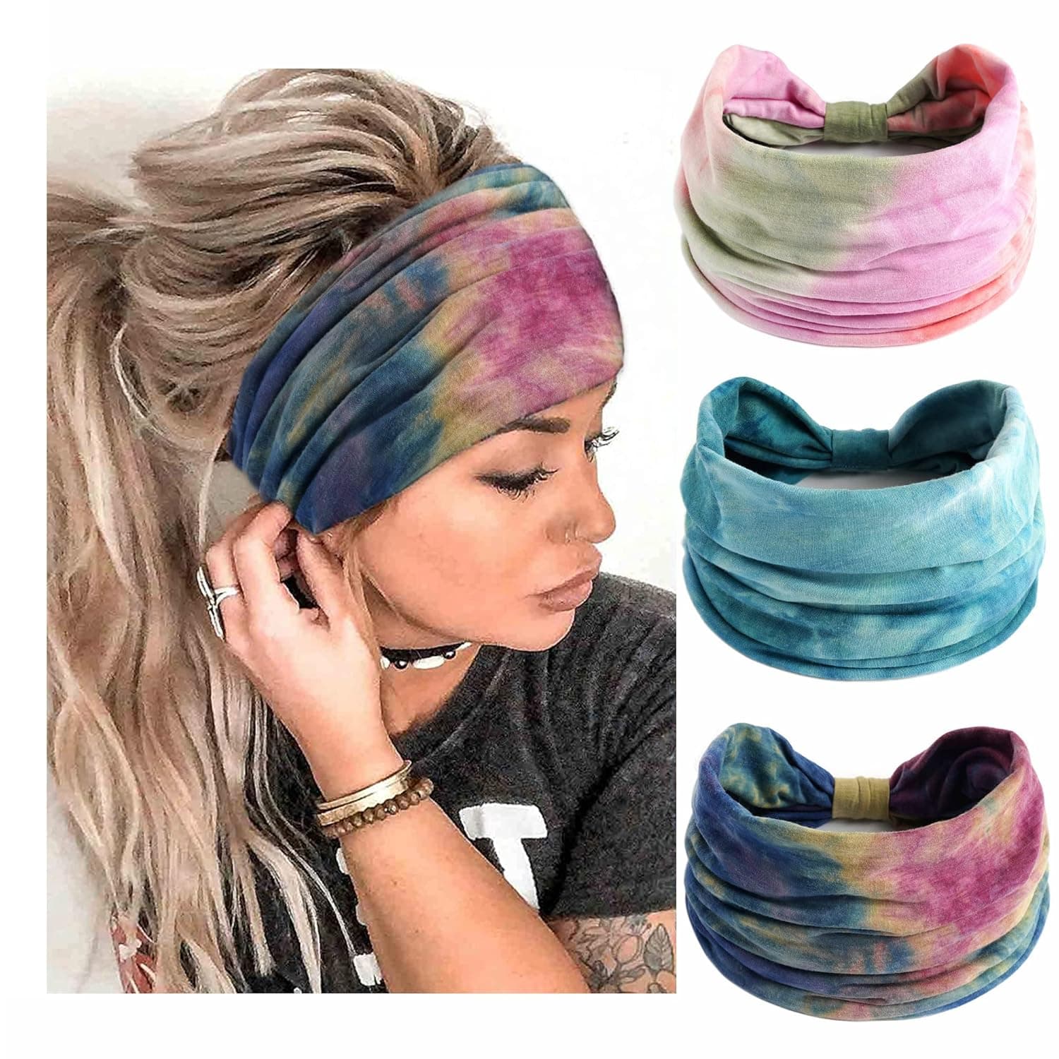 STGDAK Boho Wide Headbands For Women Fashion Stretch Hair Bands Tie Dye Knoted Head Bands Yoga Running Elastic Headband Stylish Wrap Headbands Hair Accessories Bands for Teen Girls 3 Pack