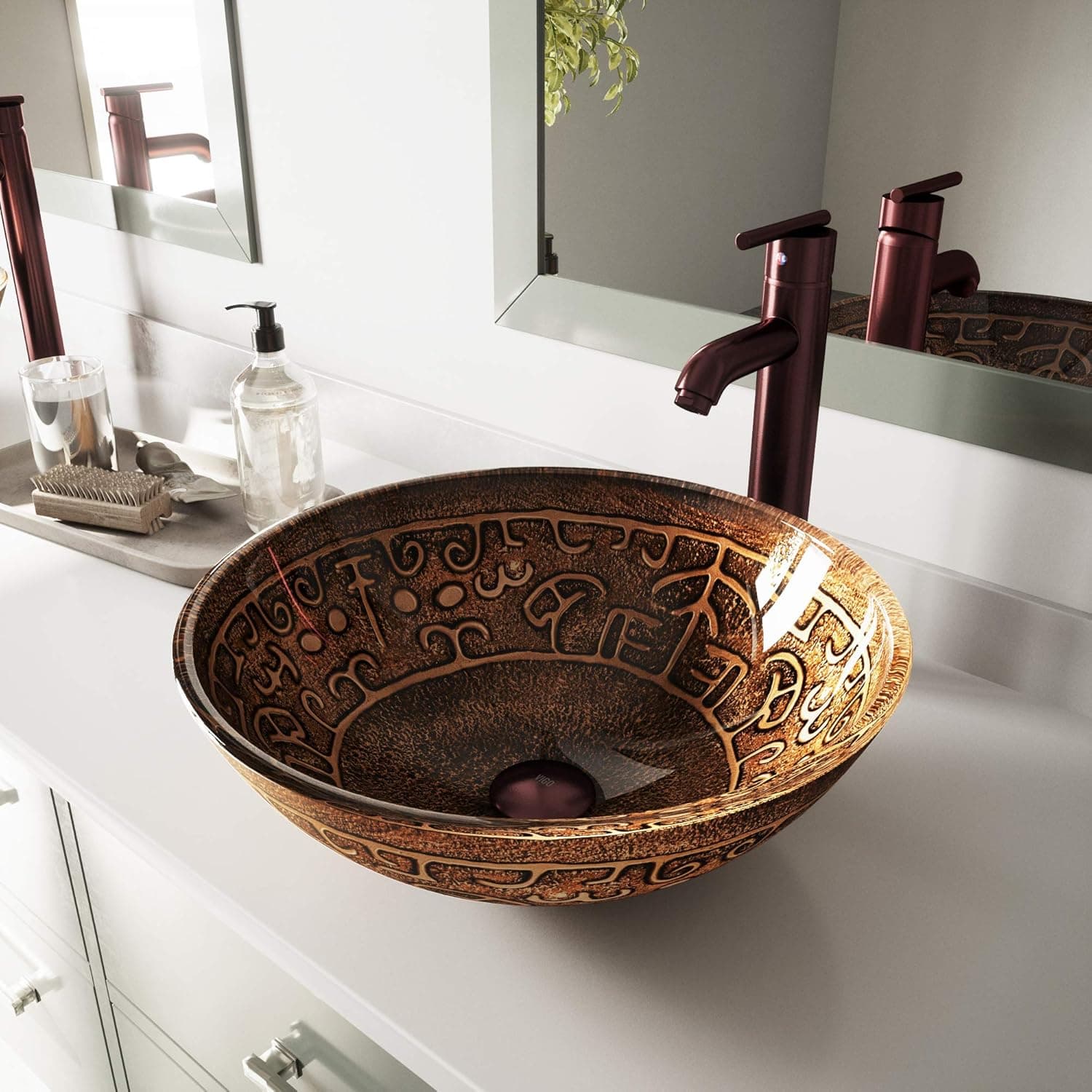 VIGO Golden Greek Glass Vessel Bathroom Sink and Seville Vessel Faucet with Pop Up, Oil Rubbed Bronze