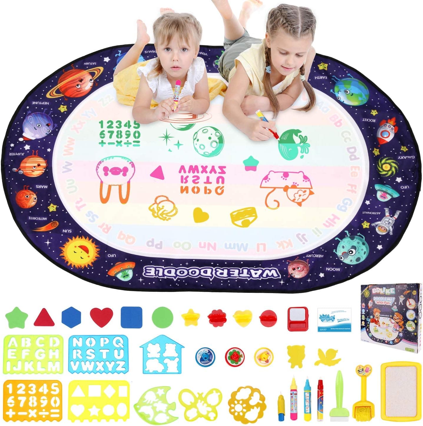 BBLIKE Magic Water Doodle Mat 40 x 28 Inches Large Size, 33PCS Aqua Magic Water Drawing Mat Coloring Doodle Mat for Kids Toddlers Boys Girls 3 4 5 6 + Years Old