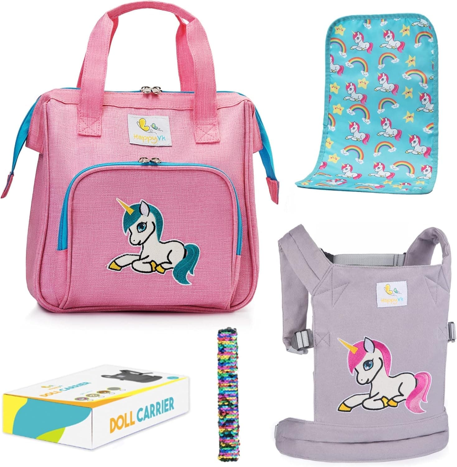 HappyVk- Doll Diaper Bag and Grey Unicorn Baby Doll Carrier for Kids. Sequin Bracelet Included