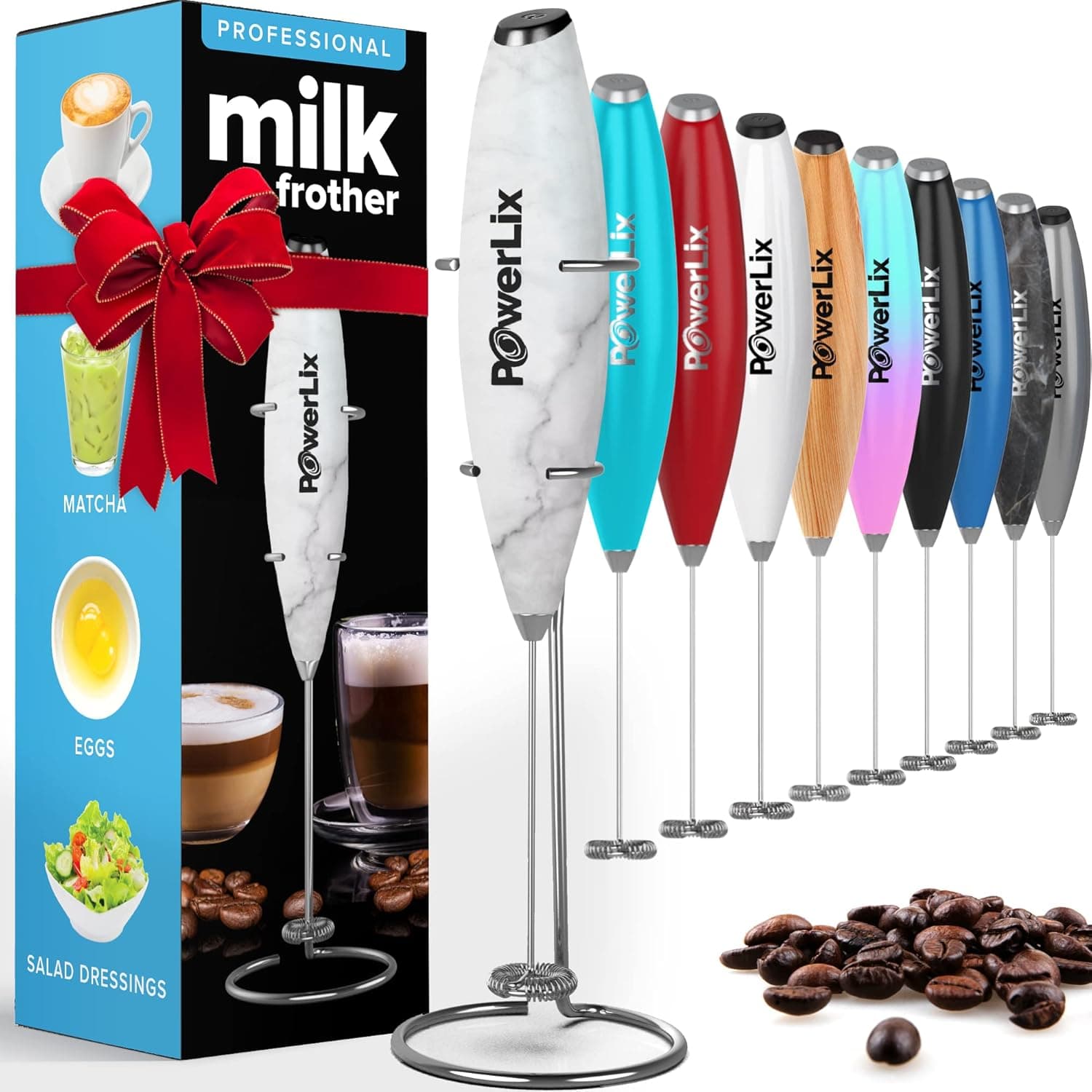 PowerLix Milk Frother Handheld Battery Operated Electric Whisk Foam Maker For Coffee, Latte, Cappuccino, Hot Chocolate, Durable Mini Drink Mixer With Stainless Steel Stand Included (WM)