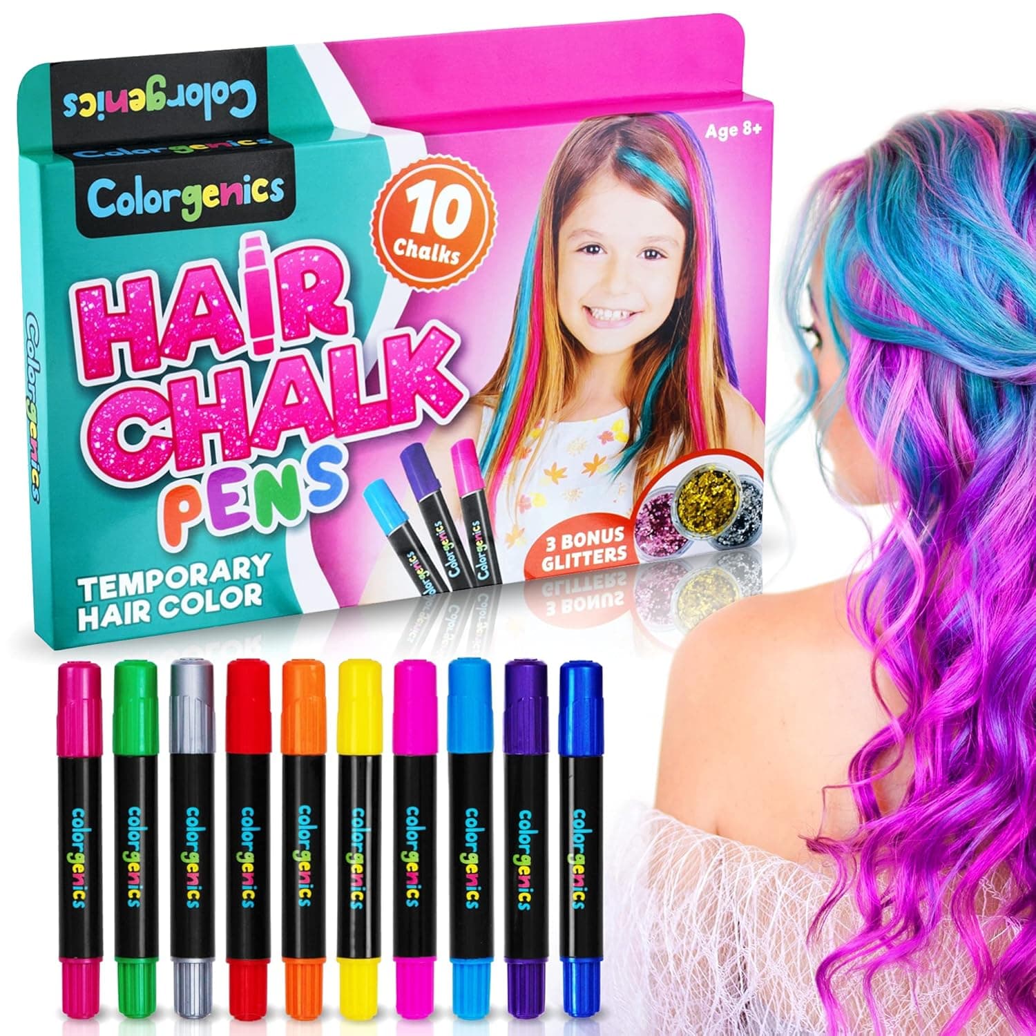 Colorgenics Hair Chalk for Girls, Temporary Hair Chalk for Kids, 10 Color Hair Chalk Pens and Glitters, Non Toxic Washable Temporary Hair Color for Kids, Hair Dye for Kids, Birthday Gifts for Girls