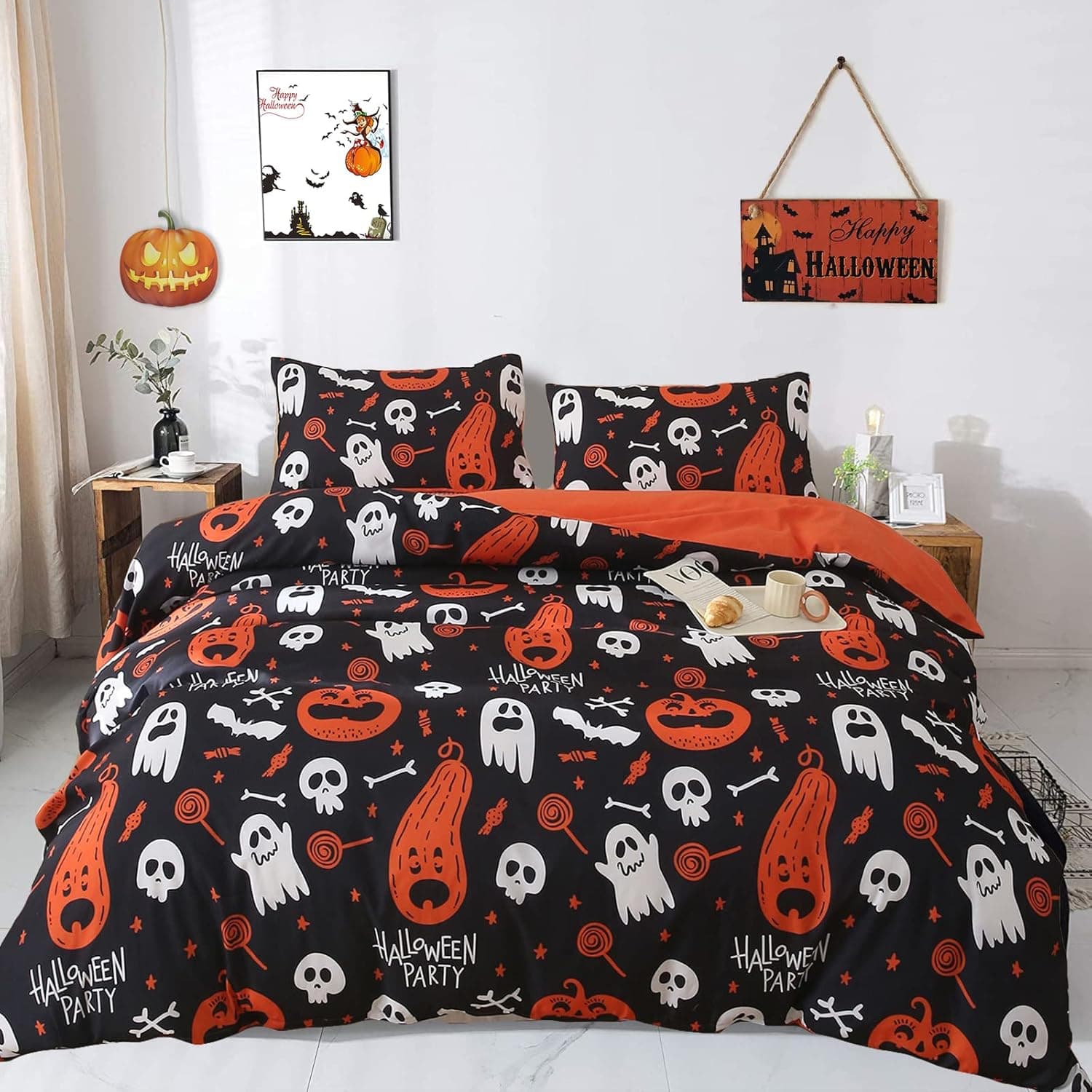 Halloween Duvet Cover Set Queen,3 Pieces Black Skull Pumpkin Comforter Cover Set with 2 Pillowcases Ghost Festival Themed Bedding Set Queen90 x90(Not Comforter)