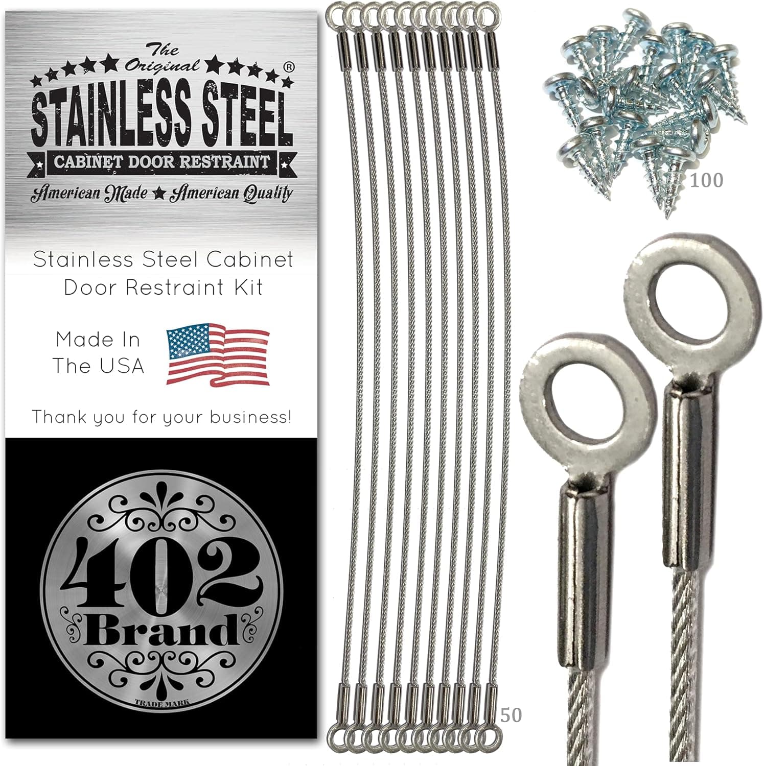 402 Brand Stainless Steel Cabinet Door Restraint Kit. Made in USA. Flexible Braided Cable. Cupboard Hinge Limiter. Restrict Cabinet Door Swing. Limit Door Opening Angle. Includes Mounting Screws